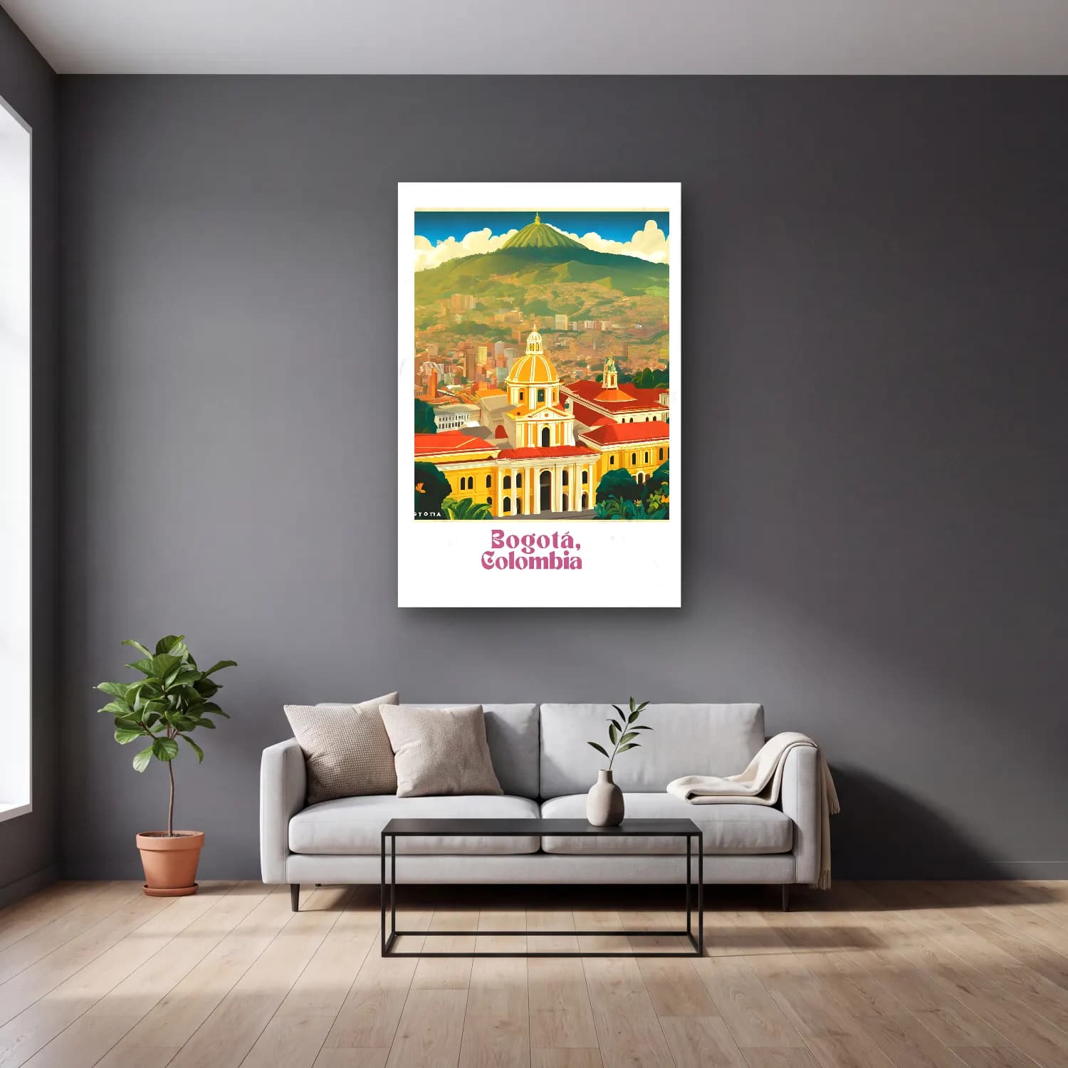 Vintage Poster Katedral – Sarı Tonlar cam tablo — gri duvarlı salonda