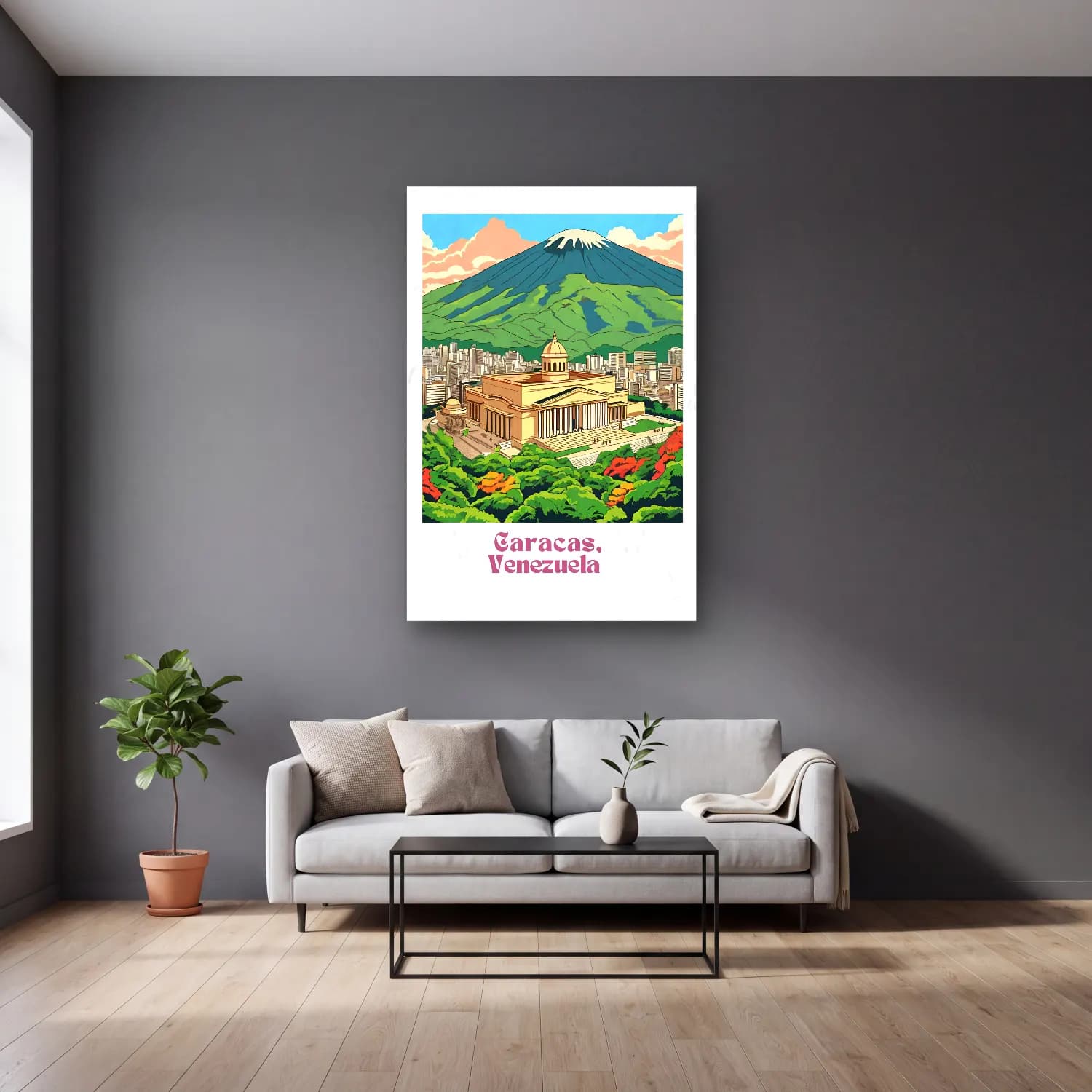 Vintage Poster Japon Şehri cam tablo — gri duvarlı salonda