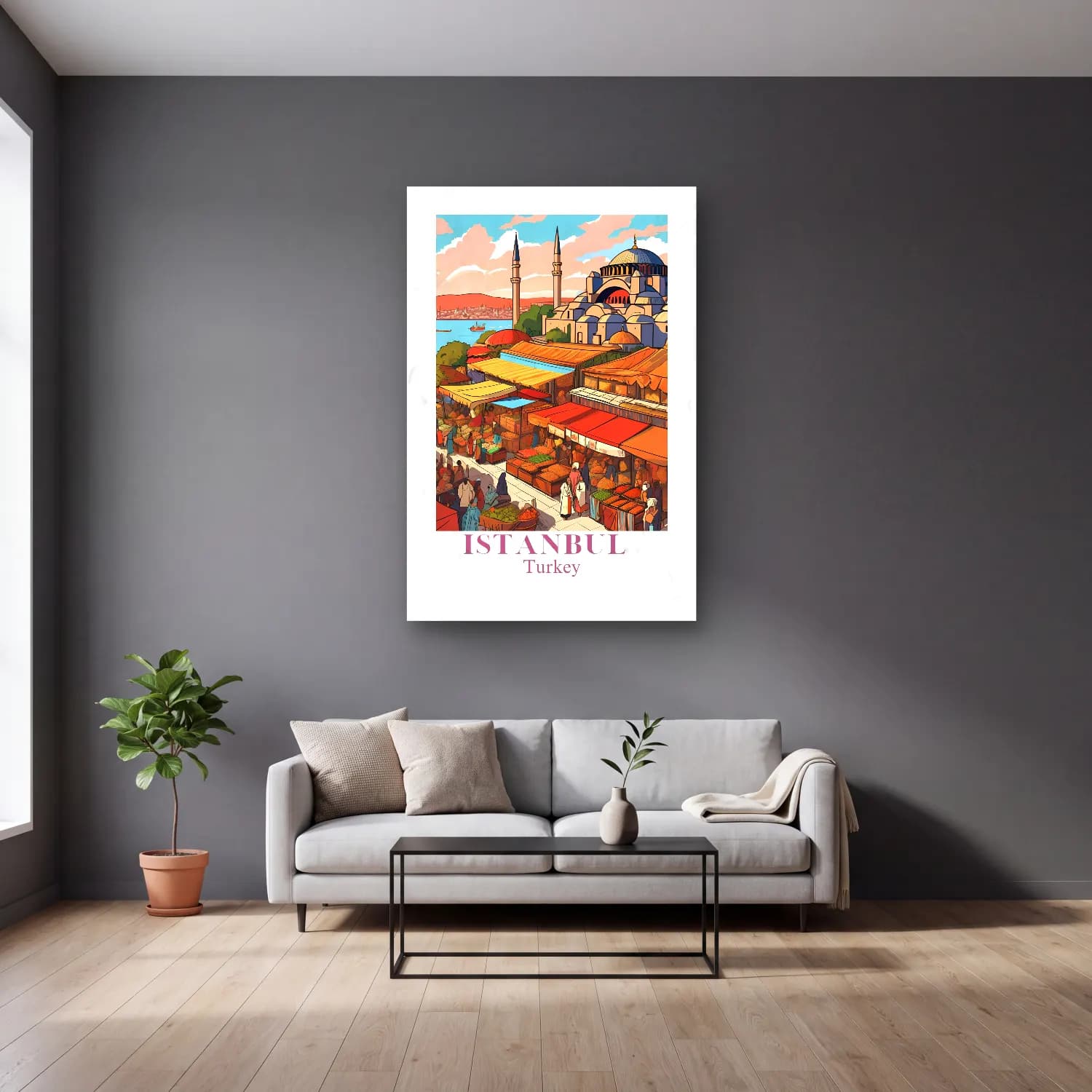 Vintage Poster İstanbul cam tablo — gri duvarlı salonda