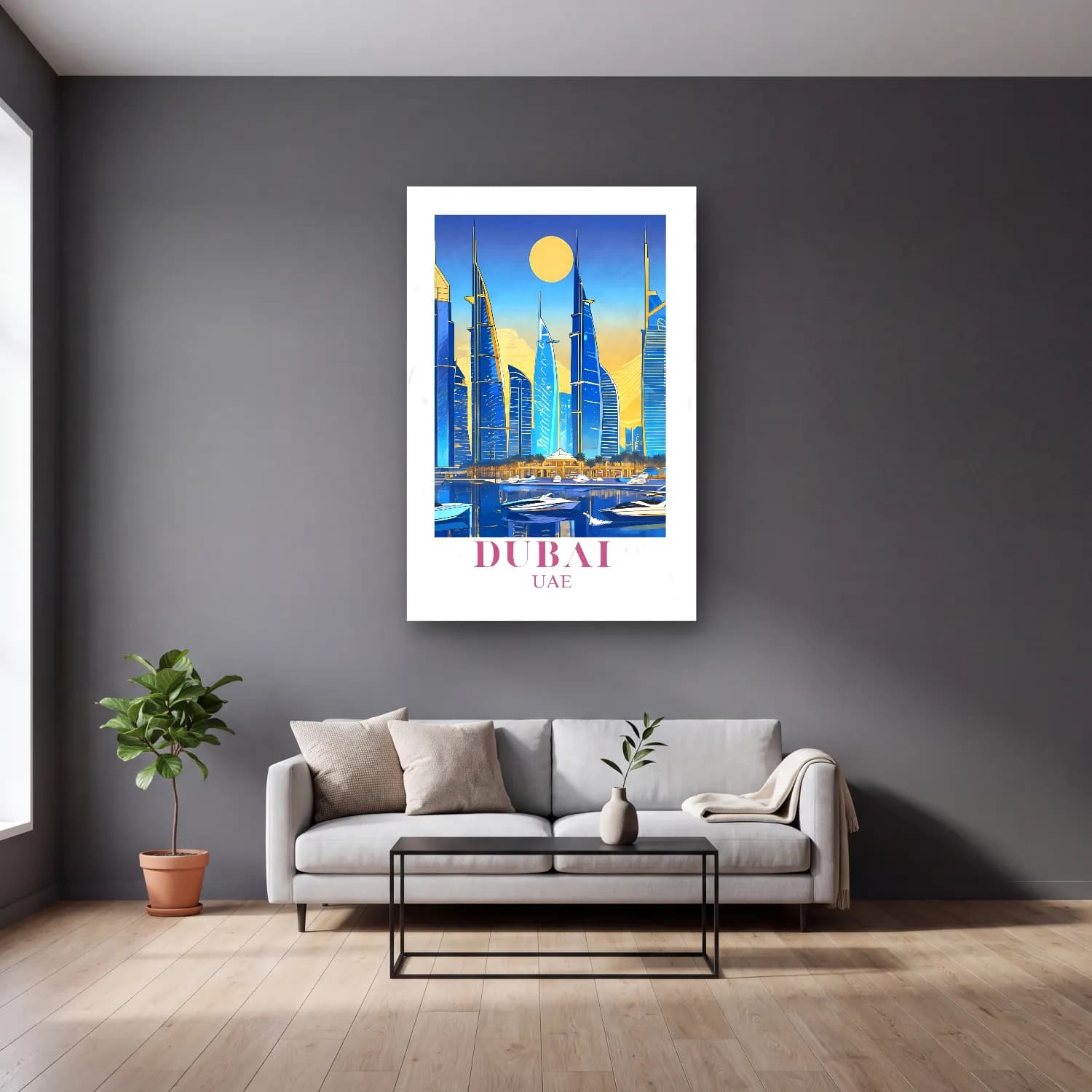 Vintage Poster Liman ve Tekneler – Turkuaz Tonlar cam tablo — gri duvarlı salonda