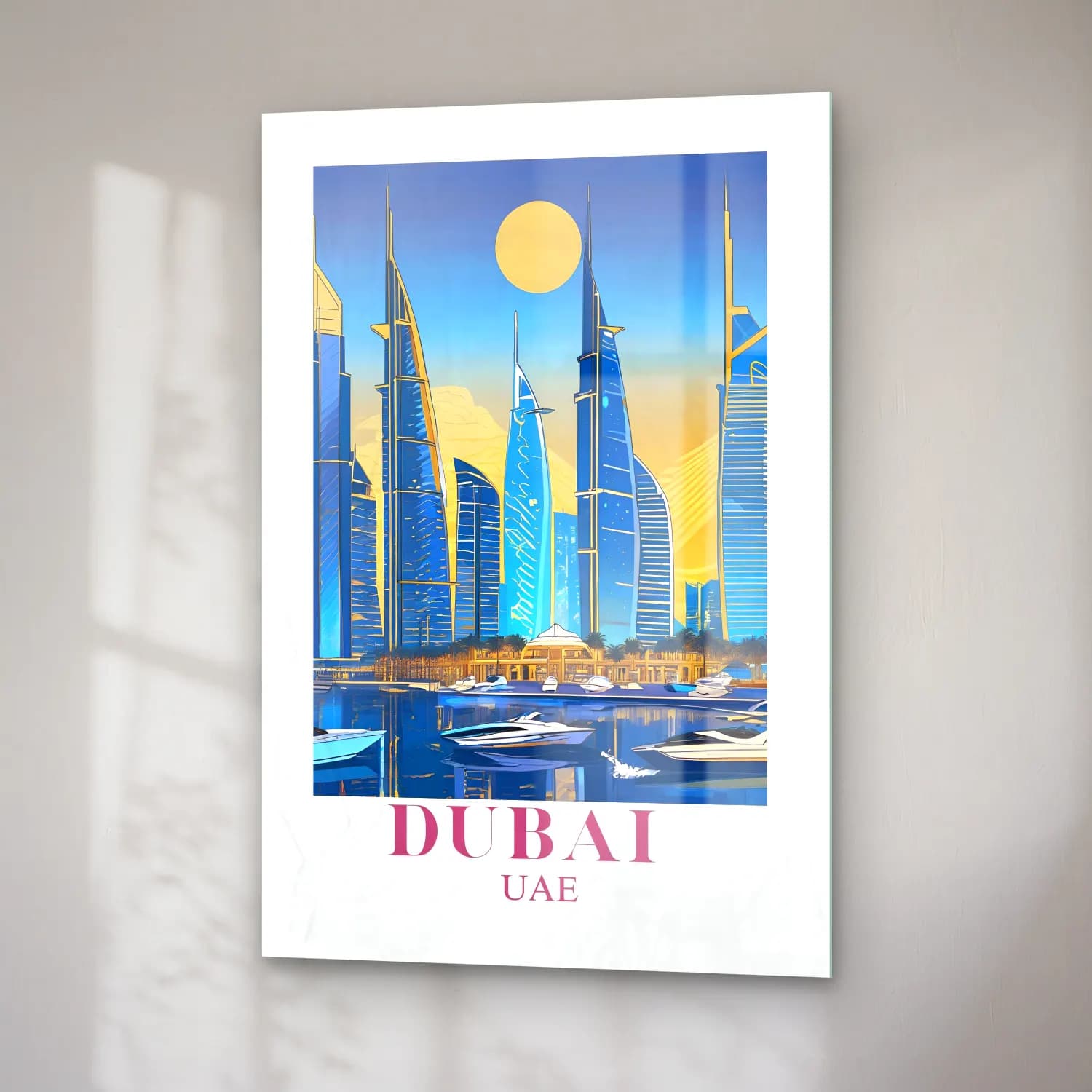 Vintage Poster Liman ve Tekneler – Turkuaz Tonlar cam tablo — sağ açıdan görünüm