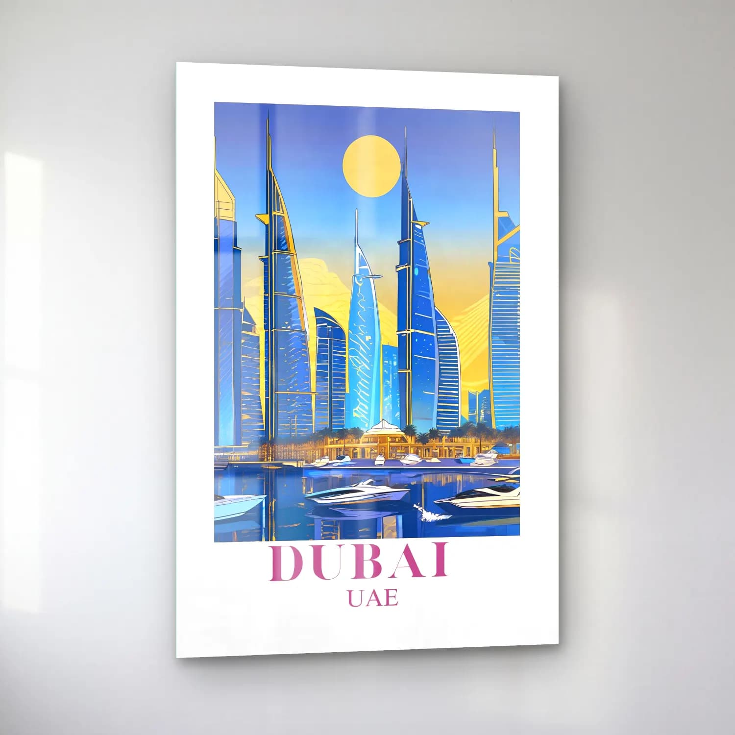 Vintage Poster Liman ve Tekneler – Turkuaz Tonlar cam tablo — sol açıdan görünüm