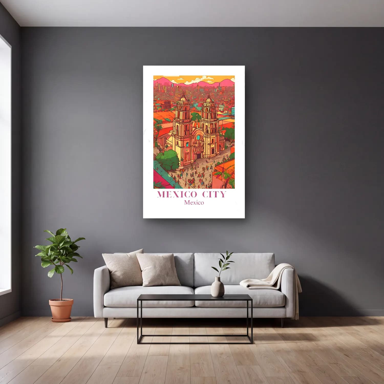 Vintage Poster Katedral No. 7 cam tablo — gri duvarlı salonda