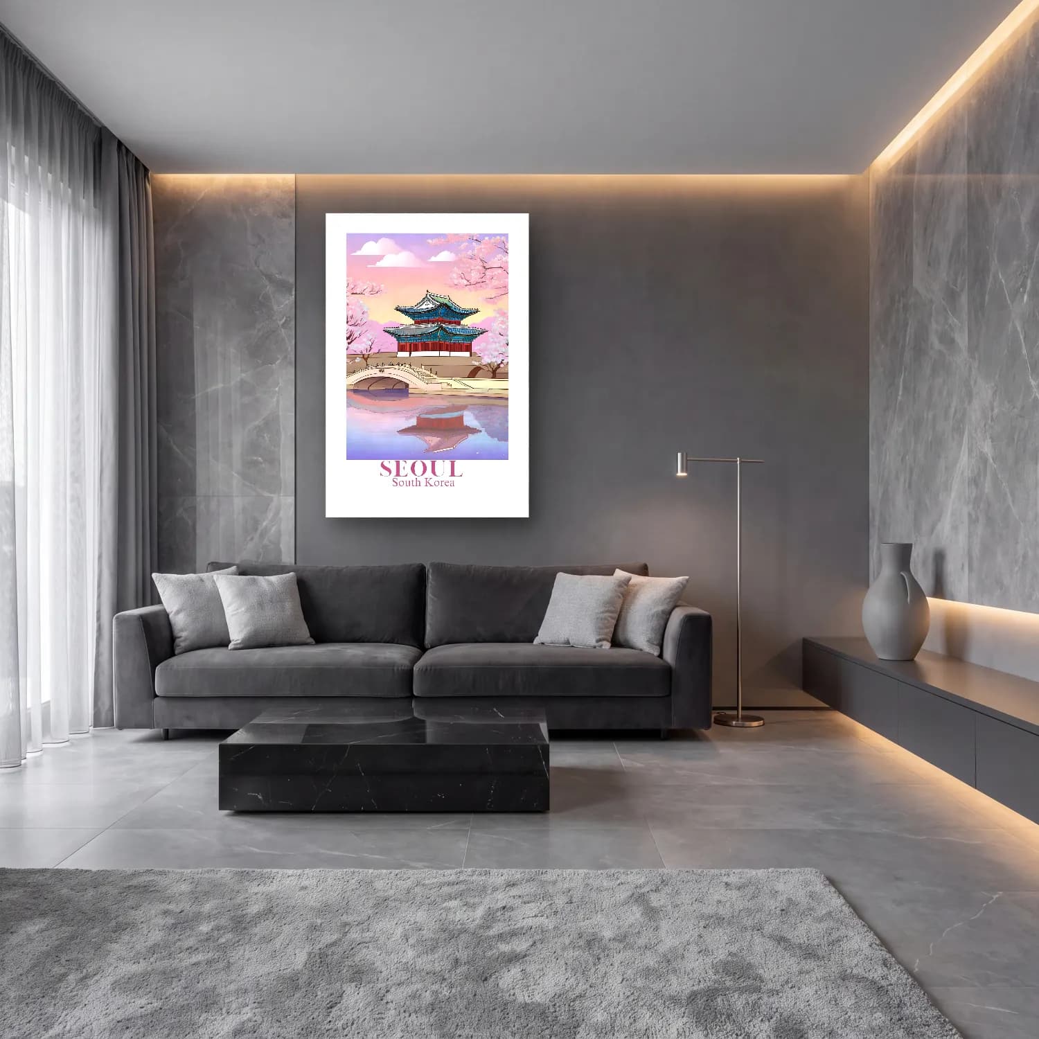 Pastel Japon Şehri No. 5 cam tablo — lüks salon duvarında