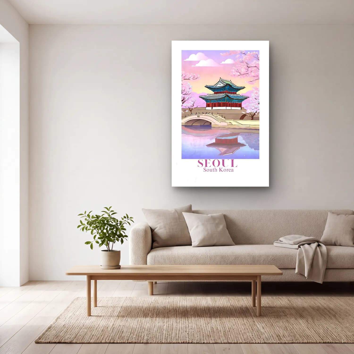 Pastel Japon Şehri No. 5 cam tablo — açık renk salonda