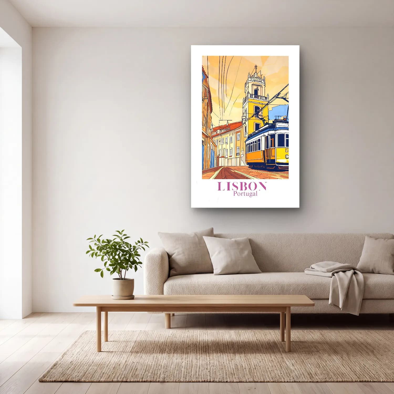 Vintage Poster Köy Sokağı – Sarı Tonlar cam tablo — açık renk salonda