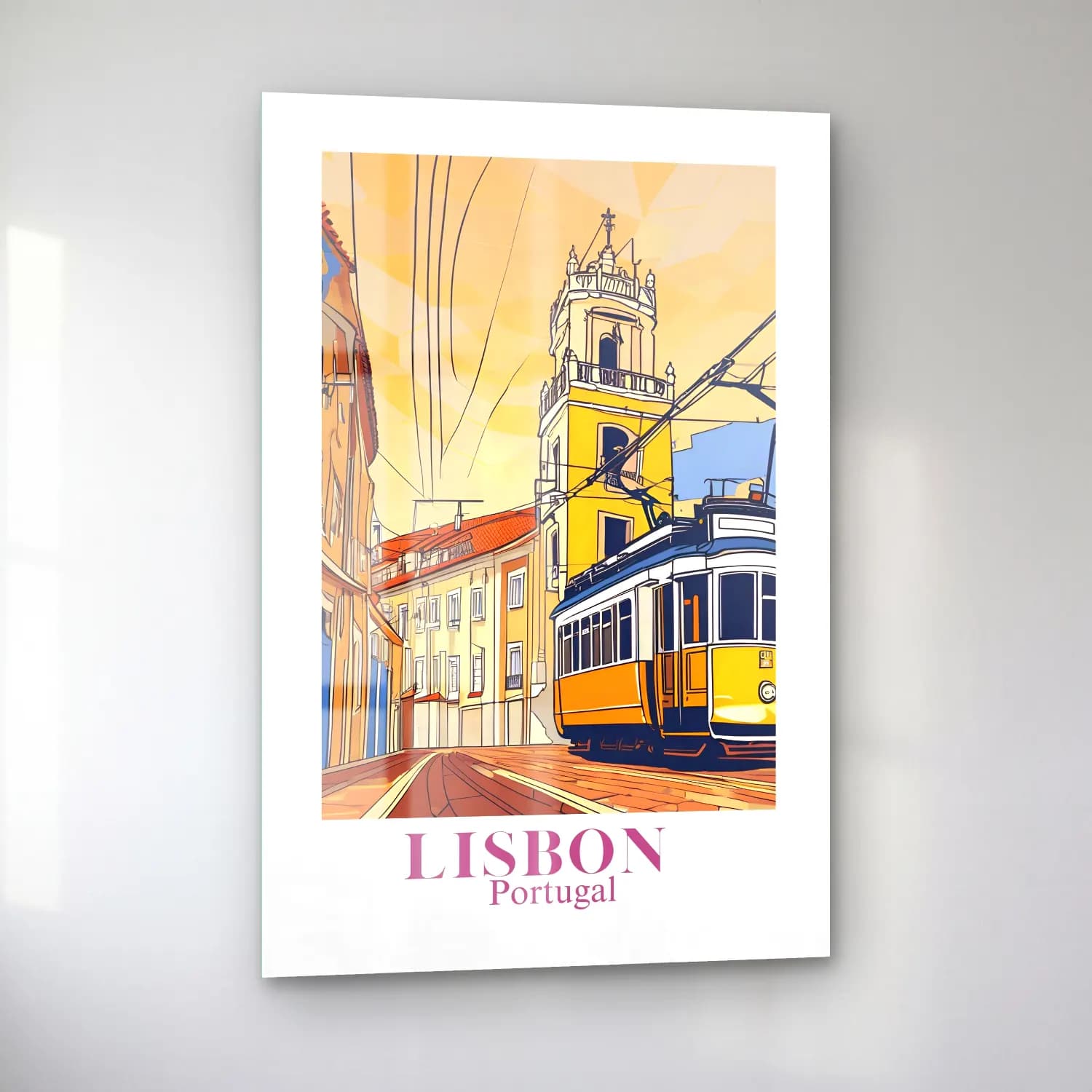 Vintage Poster Köy Sokağı – Sarı Tonlar cam tablo — sol açıdan görünüm