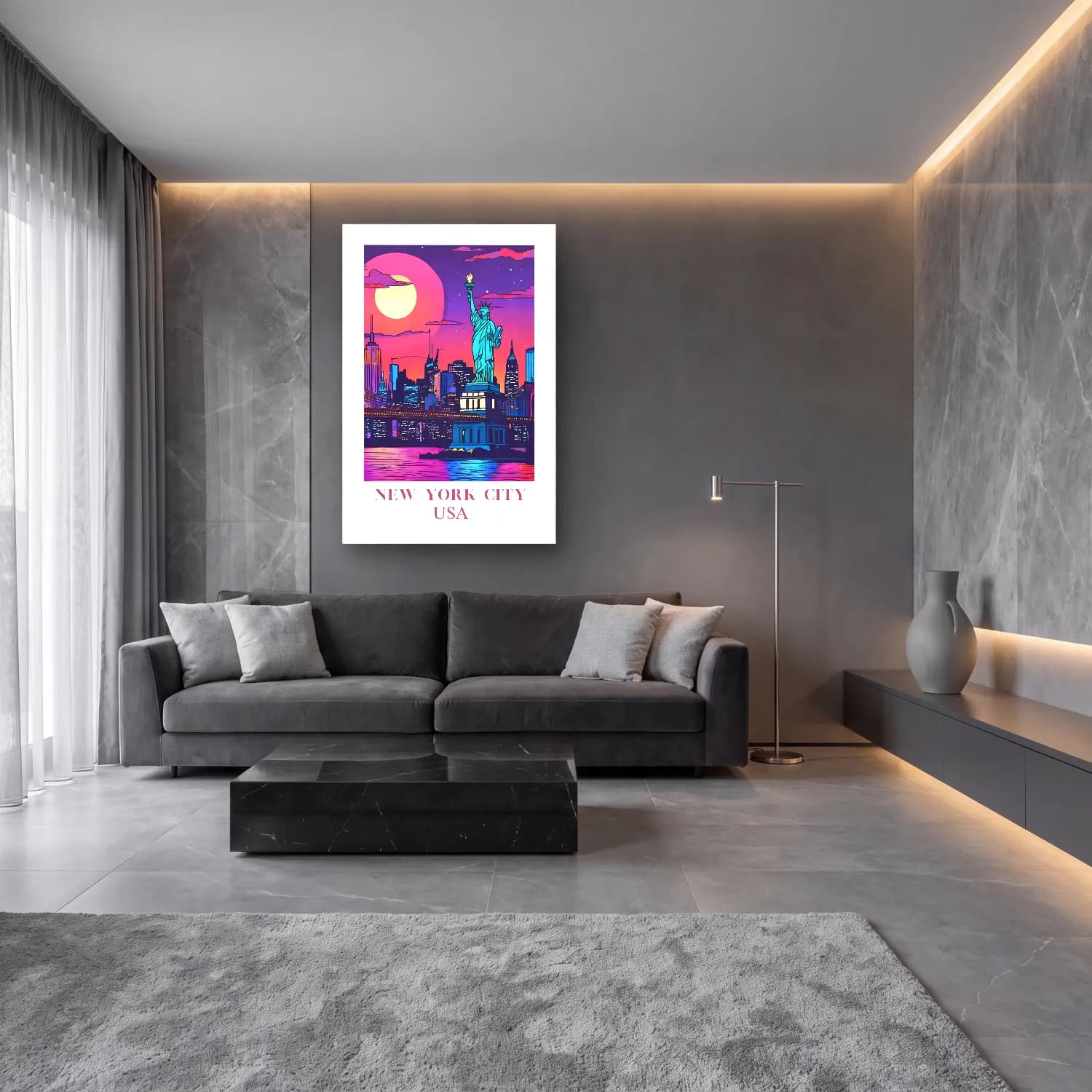 Pastel New York Silüeti – Pembe Tonlar cam tablo — lüks salon duvarında