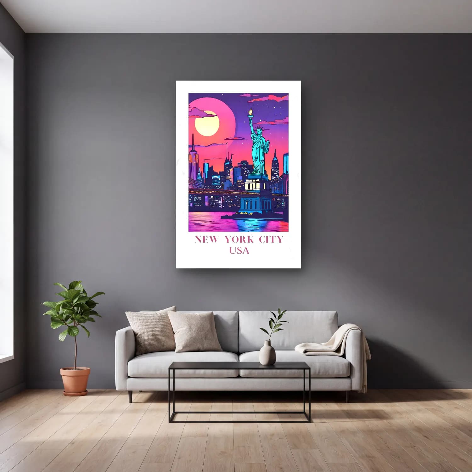Pastel New York Silüeti – Pembe Tonlar cam tablo — gri duvarlı salonda