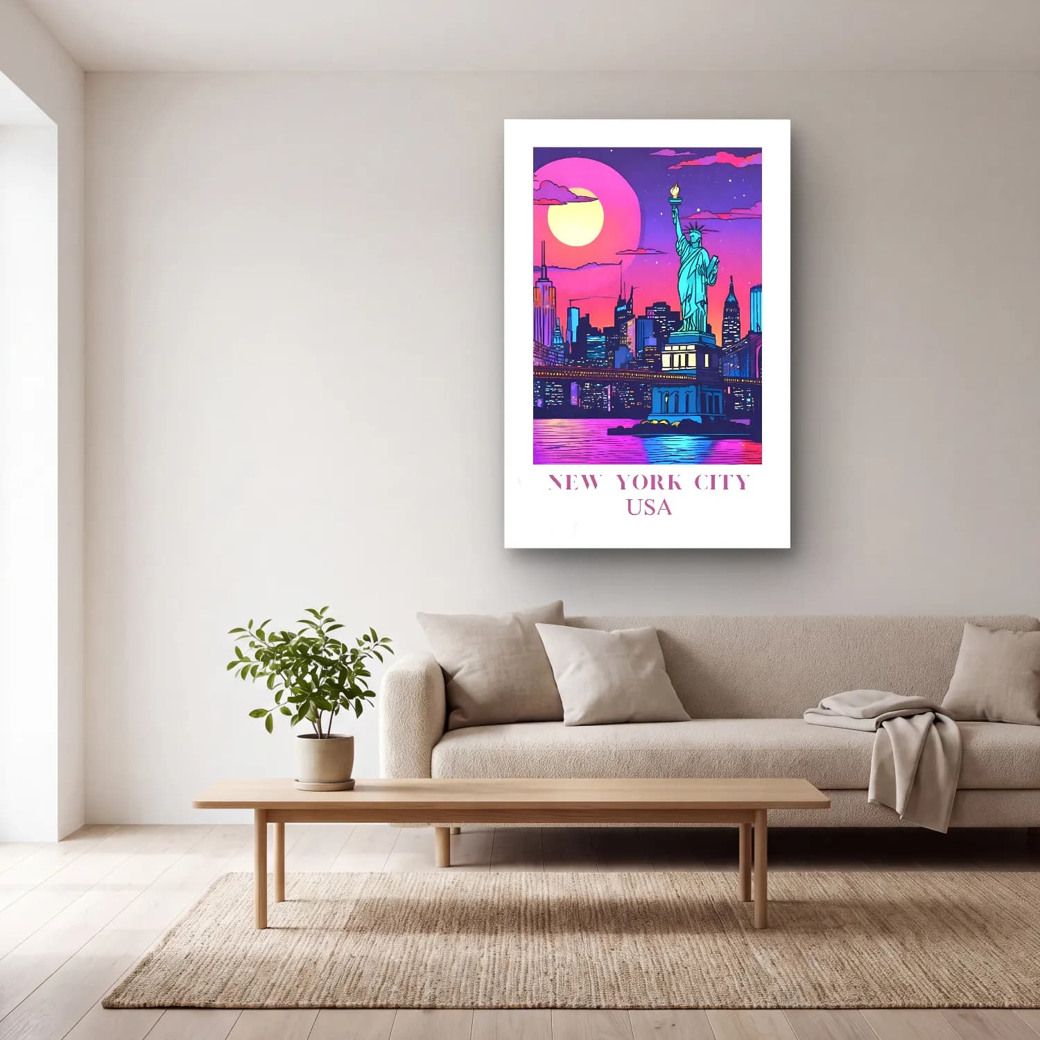 Pastel New York Silüeti – Pembe Tonlar cam tablo — açık renk salonda