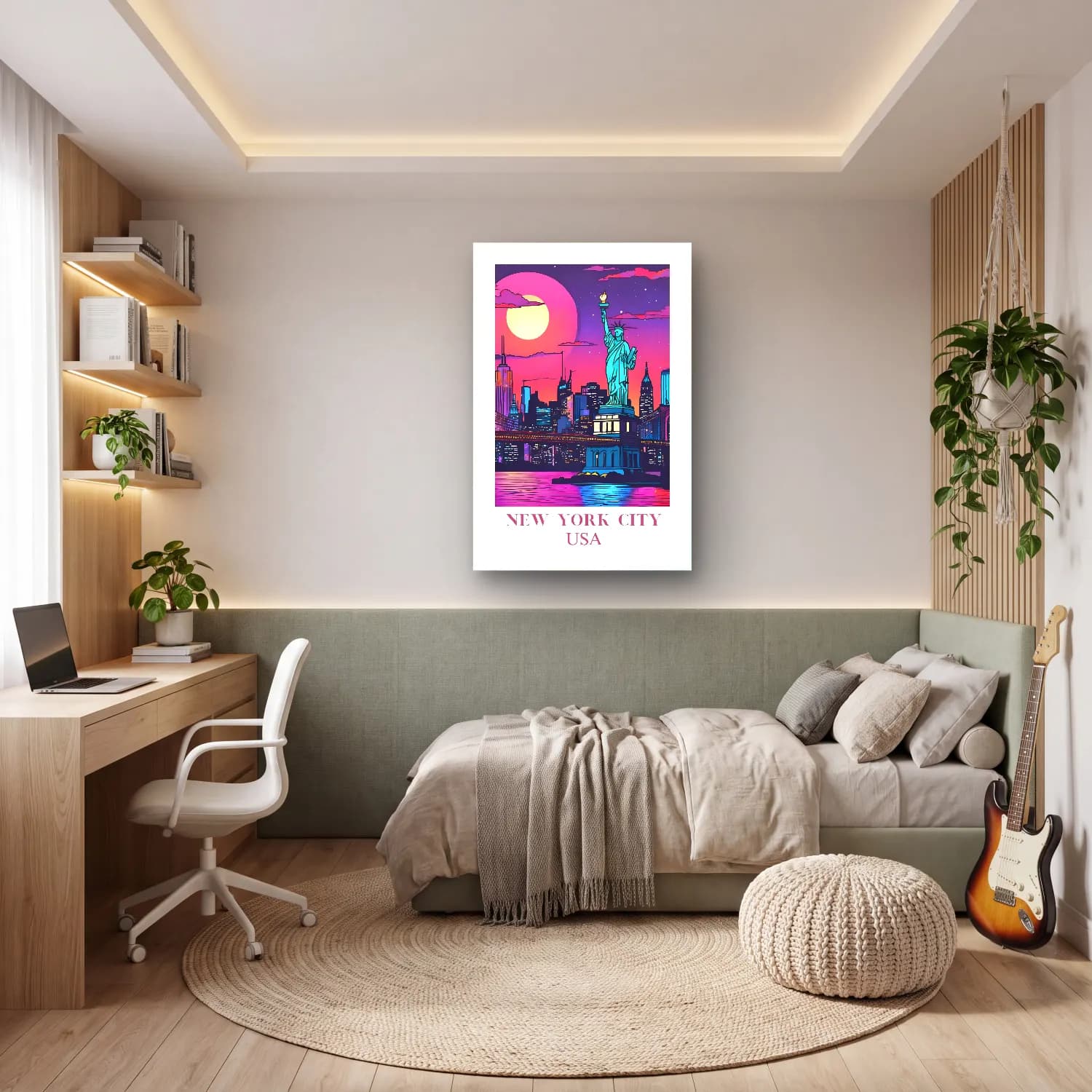 Pastel New York Silüeti – Pembe Tonlar cam tablo — genç odasında