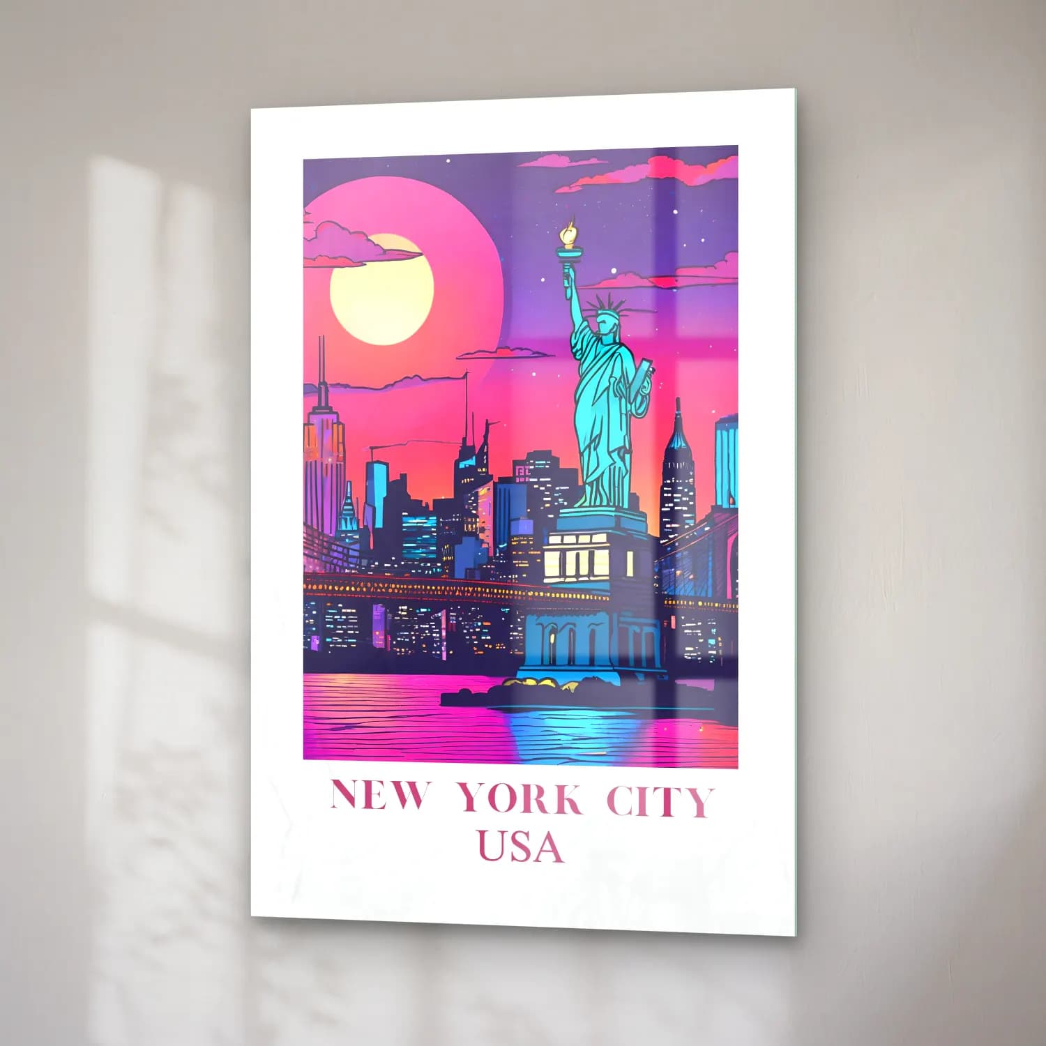 Pastel New York Silüeti – Pembe Tonlar cam tablo — sağ açıdan görünüm