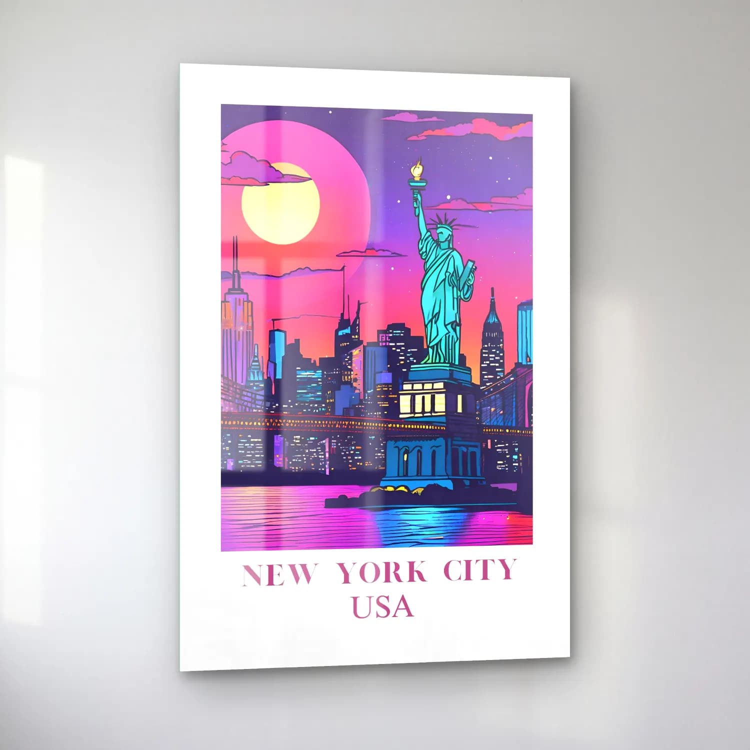 Pastel New York Silüeti – Pembe Tonlar cam tablo — sol açıdan görünüm