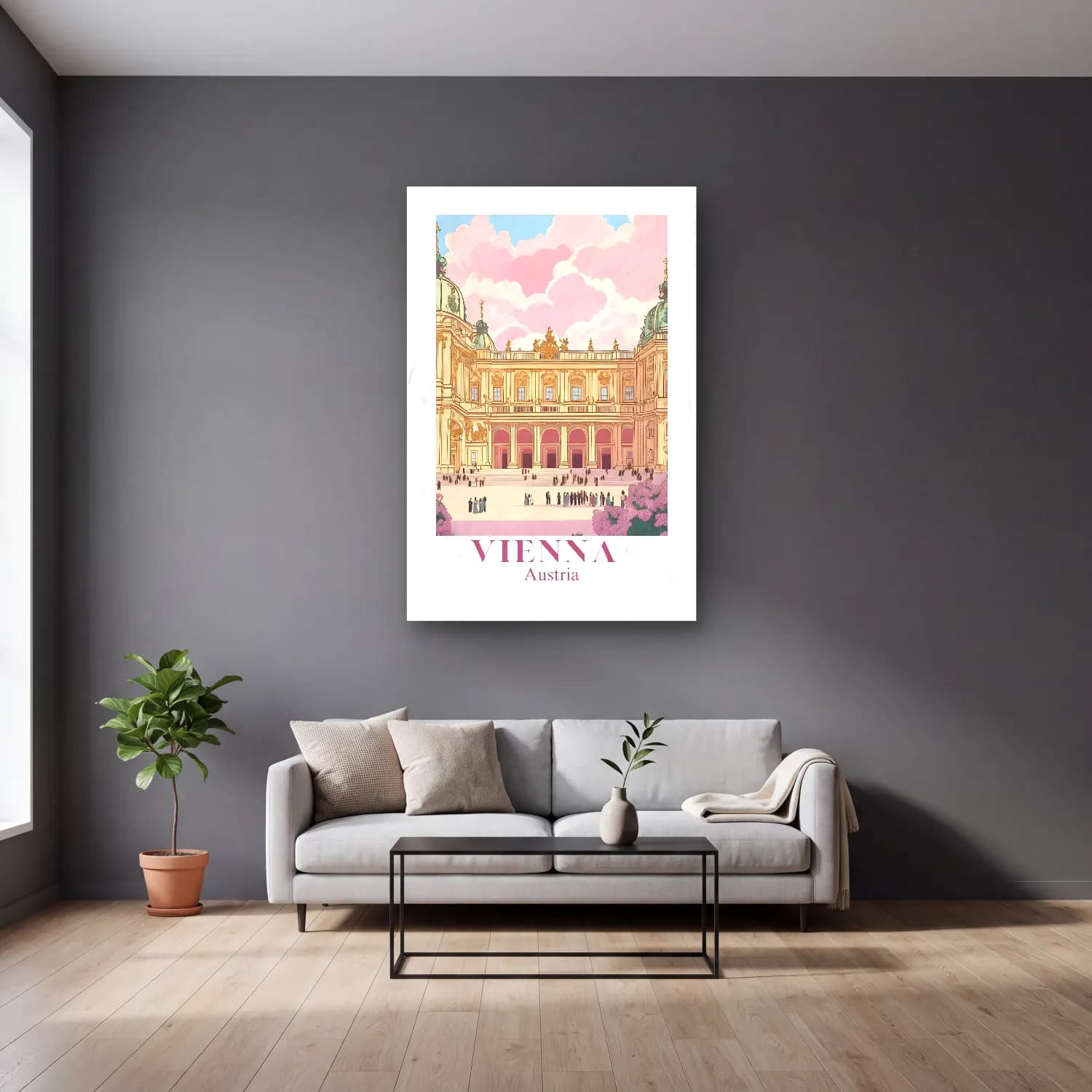 Pastel Katedral – Pembe Tonlar cam tablo — gri duvarlı salonda