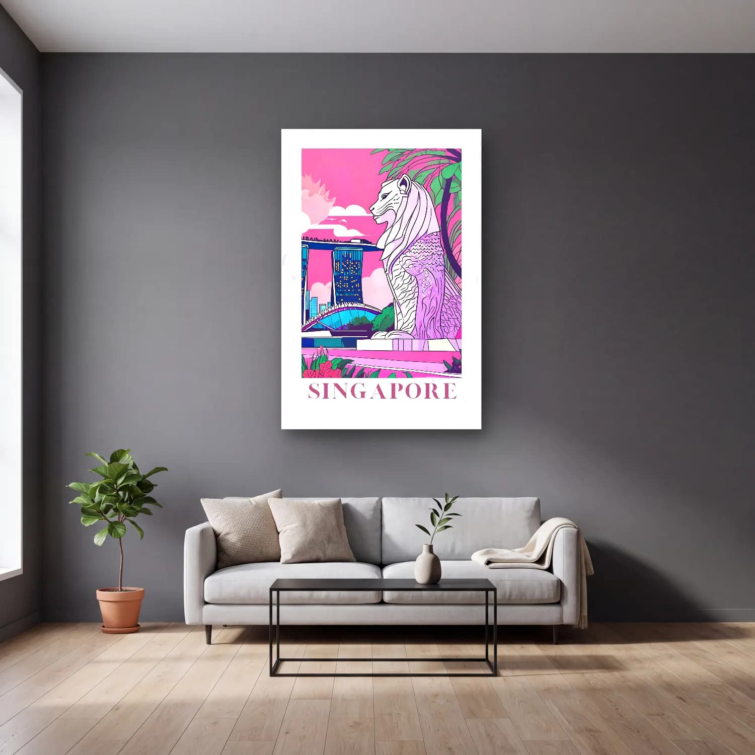 Pastel Aslan cam tablo — gri duvarlı salonda