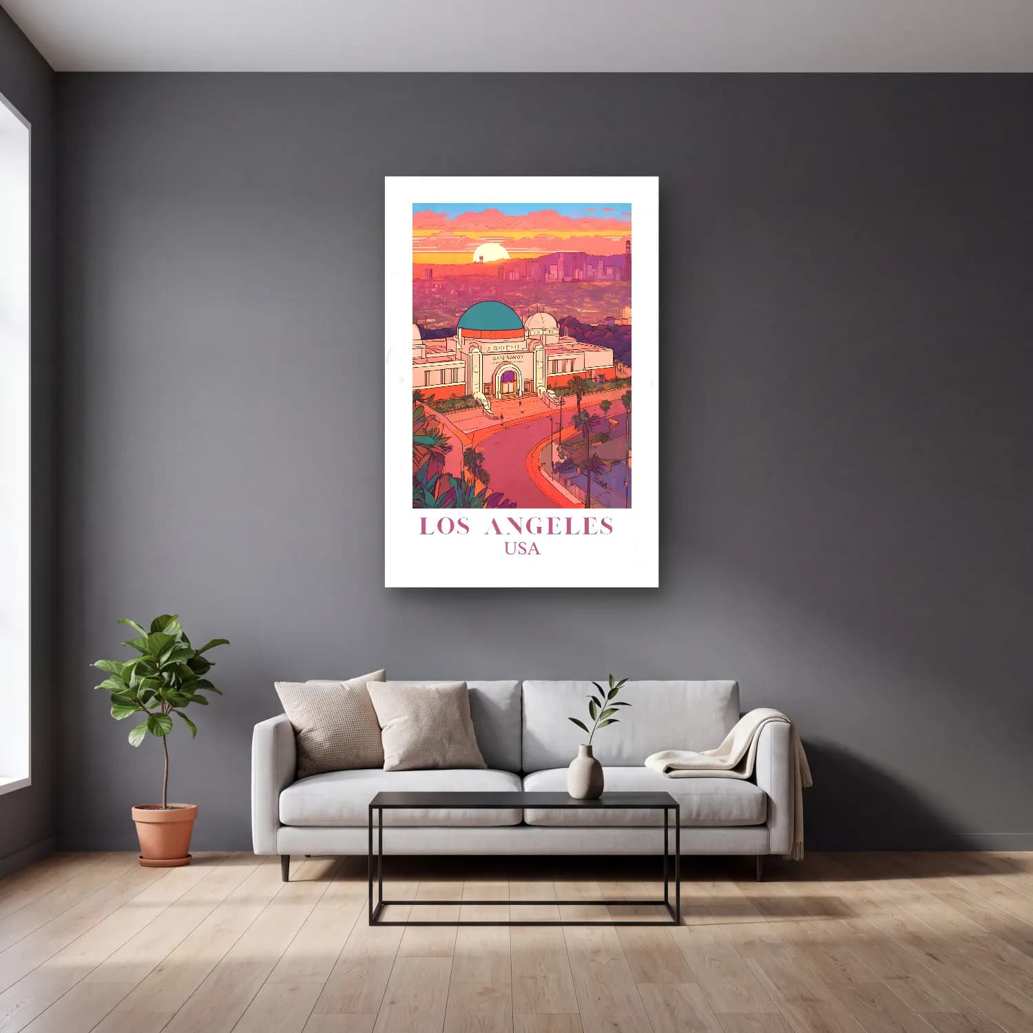 Pastel Katedral No. 4 cam tablo — gri duvarlı salonda