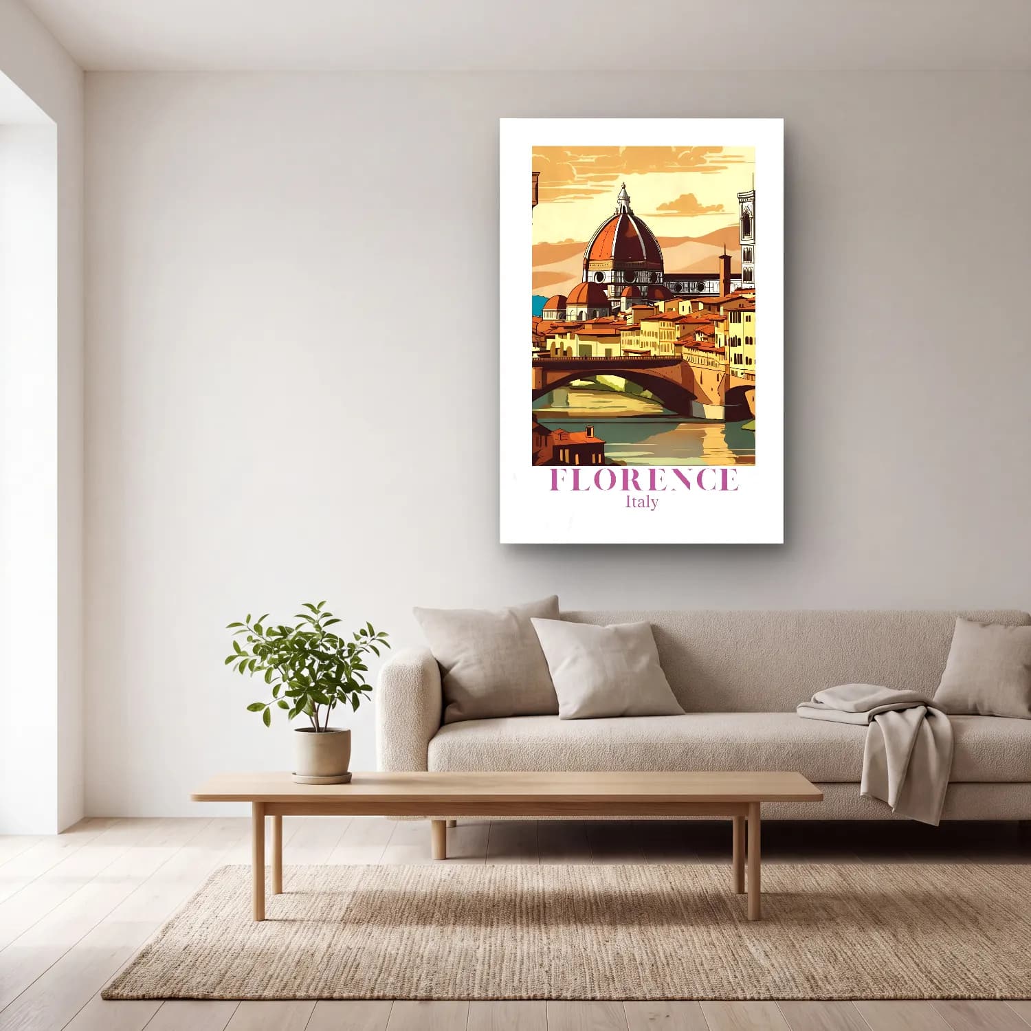 Vintage Poster Akdeniz Sahil Kasabası – Bej Tonlar cam tablo — açık renk salonda