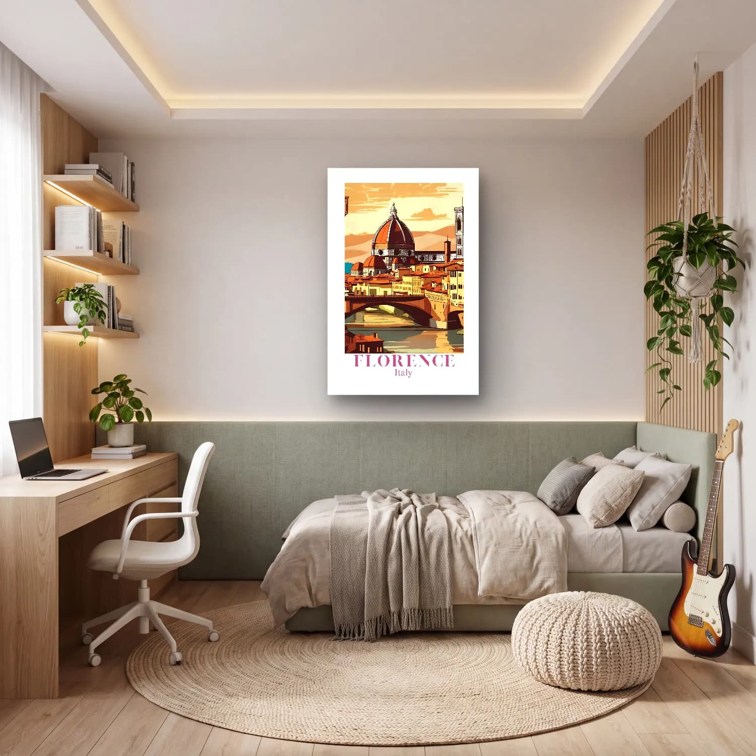 Vintage Poster Akdeniz Sahil Kasabası – Bej Tonlar cam tablo — genç odasında