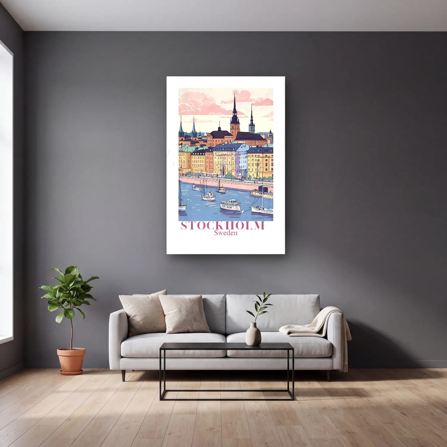 Vintage Poster Liman ve Tekneler – Pembe Tonlar cam tablo — gri duvarlı salonda