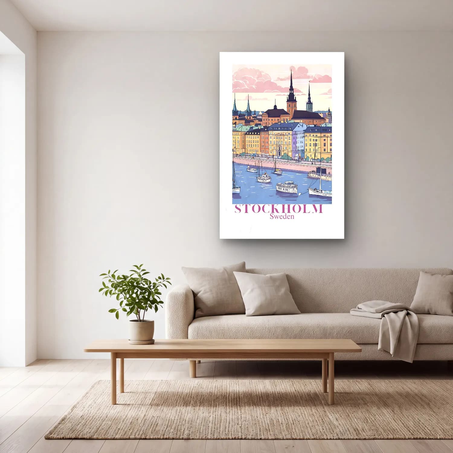 Vintage Poster Liman ve Tekneler – Pembe Tonlar cam tablo — açık renk salonda