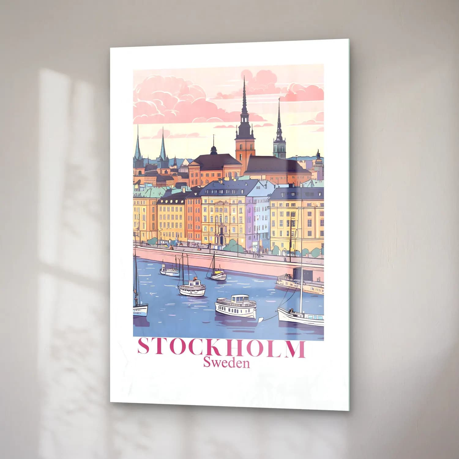 Vintage Poster Liman ve Tekneler – Pembe Tonlar cam tablo — sağ açıdan görünüm