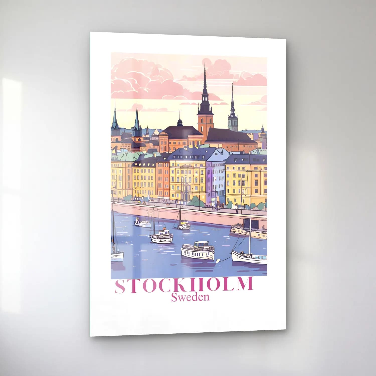 Vintage Poster Liman ve Tekneler – Pembe Tonlar cam tablo — sol açıdan görünüm