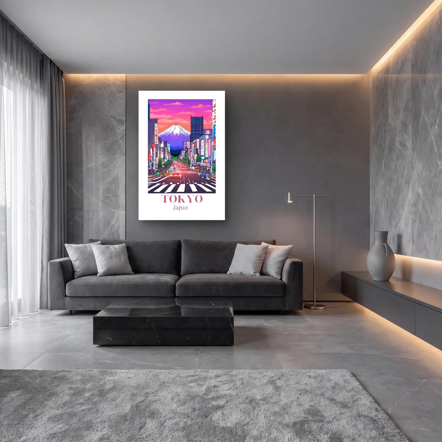 Pastel Japon Şehri No. 6 cam tablo — lüks salon duvarında