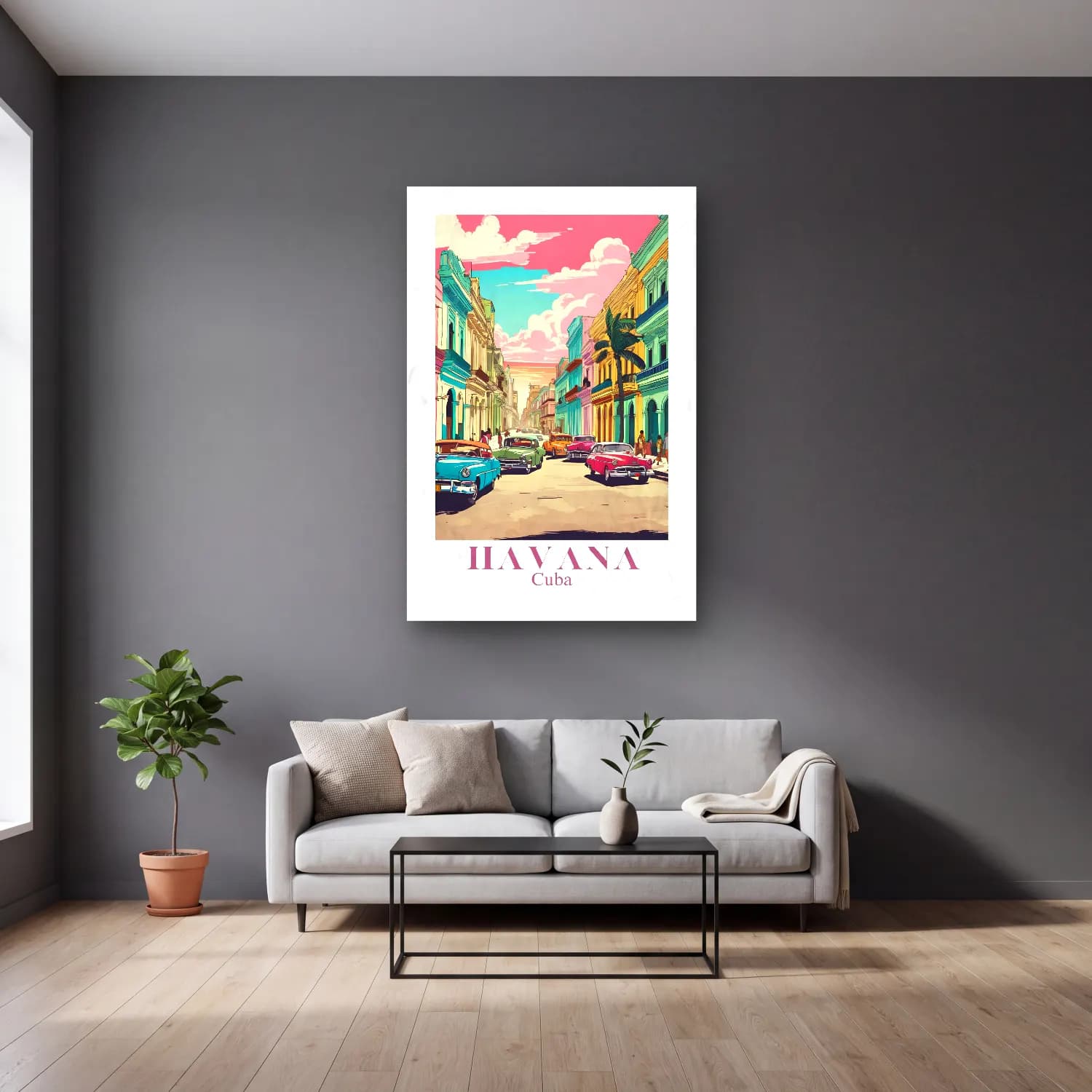 Vintage Poster Klasik Araba cam tablo — gri duvarlı salonda