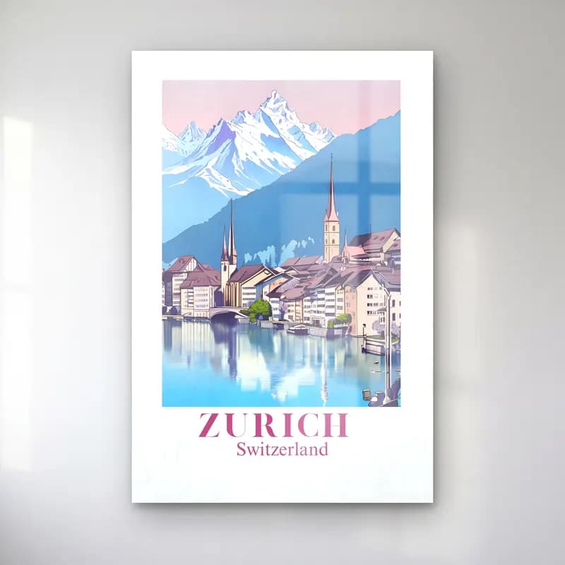 Vintage Poster Göl ve Dağlar – Pembe Tonlar cam tablo — Vintage Poster Göl ve Dağlar – Pembe Tonlar — vintage poster göl ve dağlar