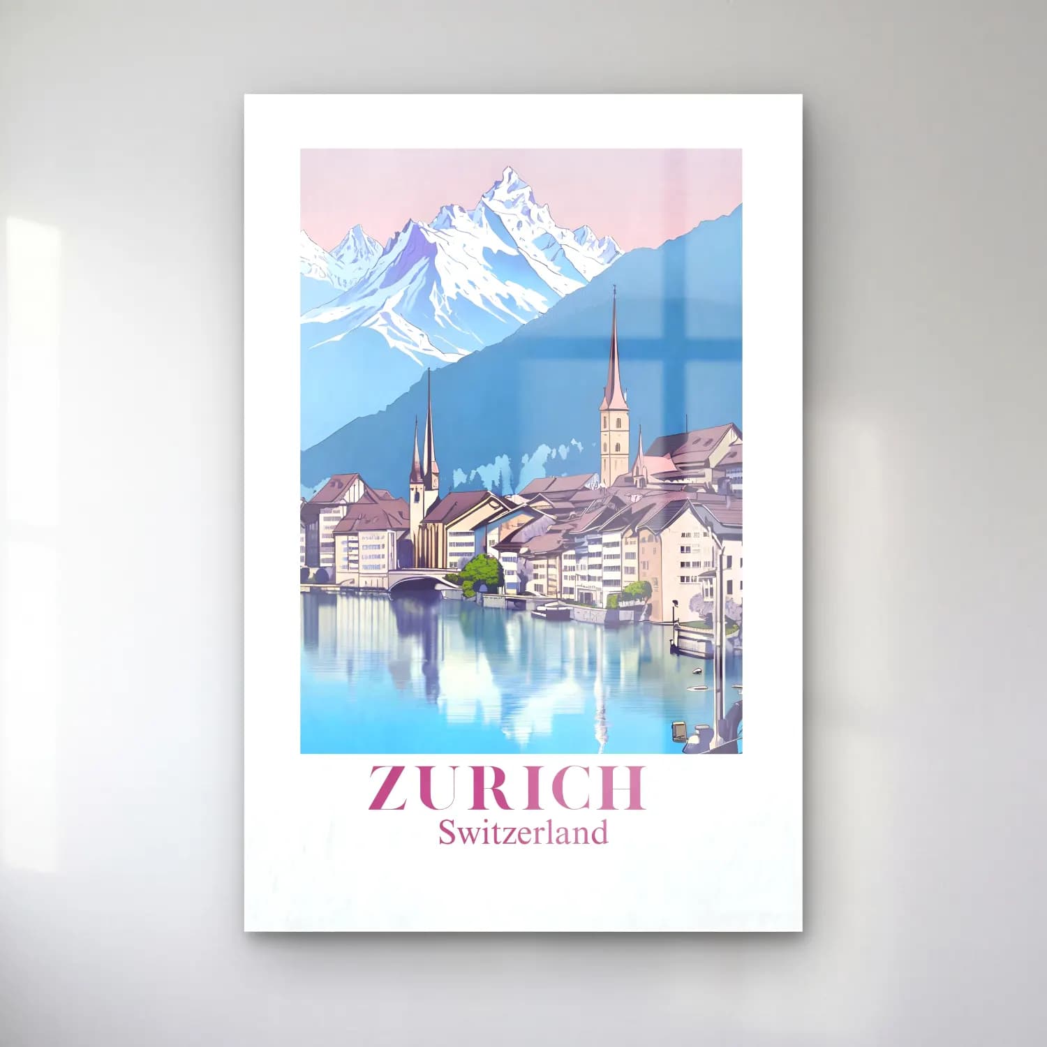 Vintage Poster Göl ve Dağlar – Pembe Tonlar cam tablo — Vintage Poster Göl ve Dağlar – Pembe Tonlar — vintage poster göl ve dağlar