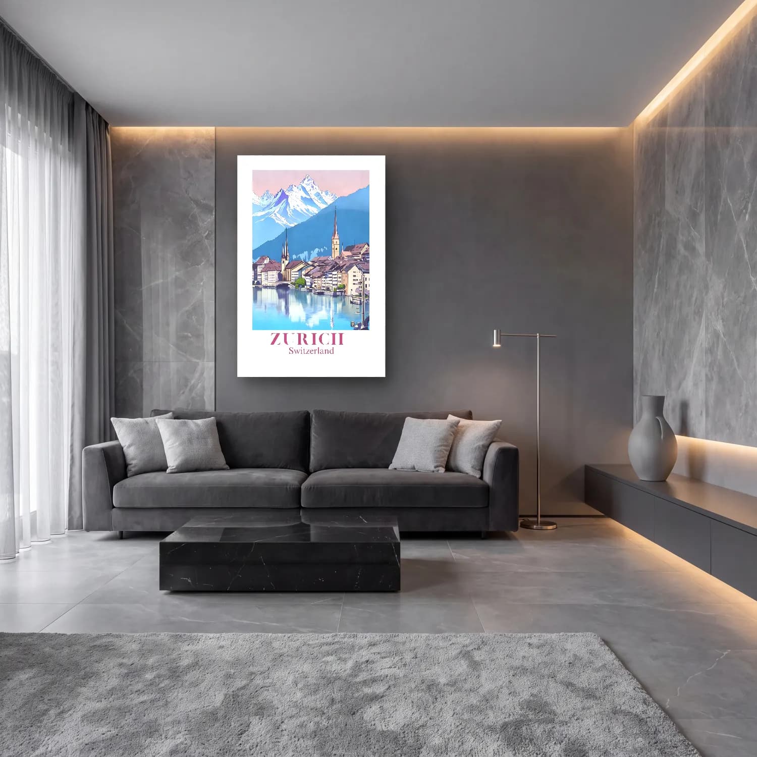 Vintage Poster Göl ve Dağlar – Pembe Tonlar cam tablo — lüks salon duvarında