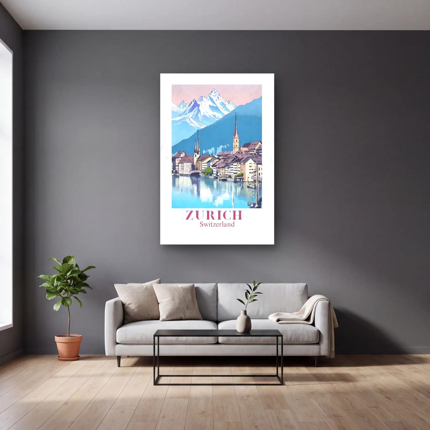 Vintage Poster Göl ve Dağlar – Pembe Tonlar cam tablo — gri duvarlı salonda
