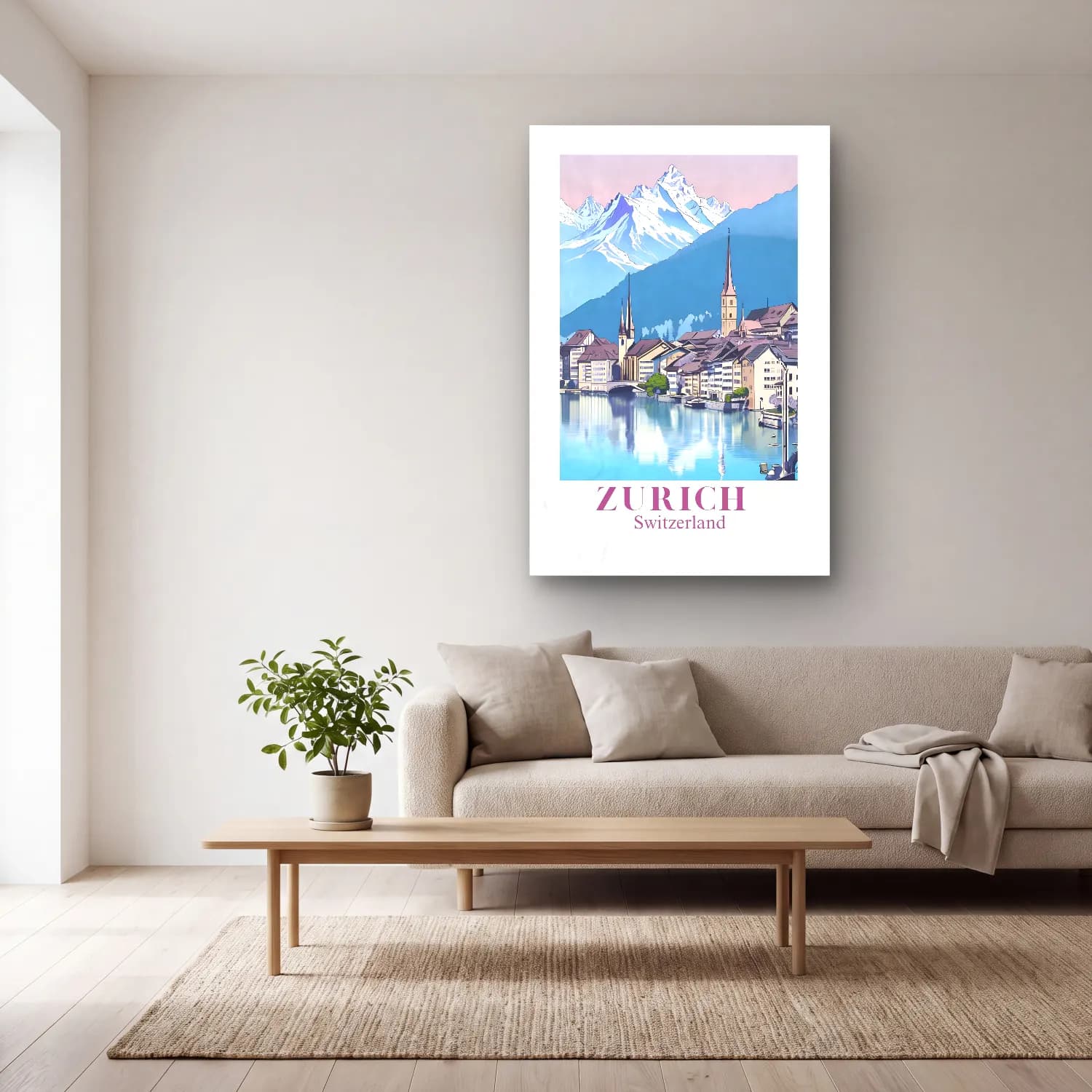 Vintage Poster Göl ve Dağlar – Pembe Tonlar cam tablo — açık renk salonda