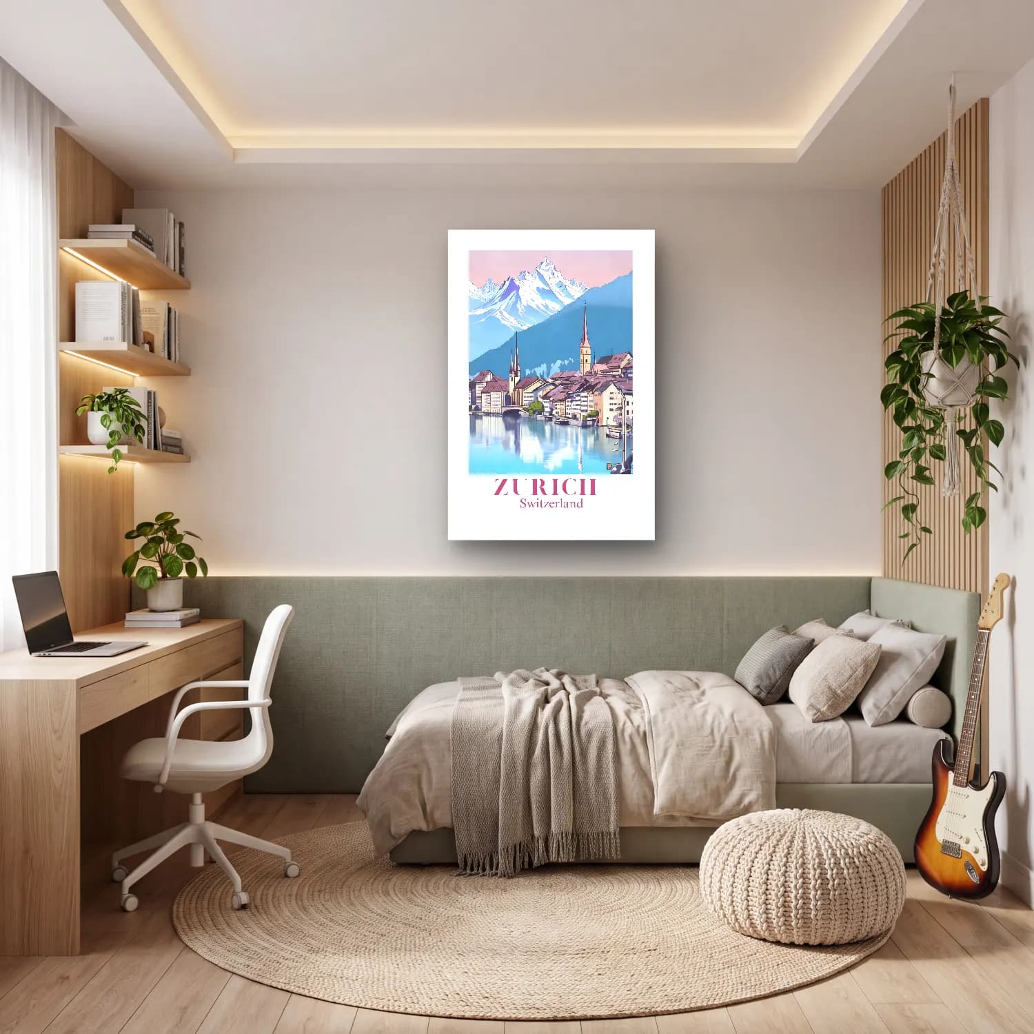 Vintage Poster Göl ve Dağlar – Pembe Tonlar cam tablo — genç odasında