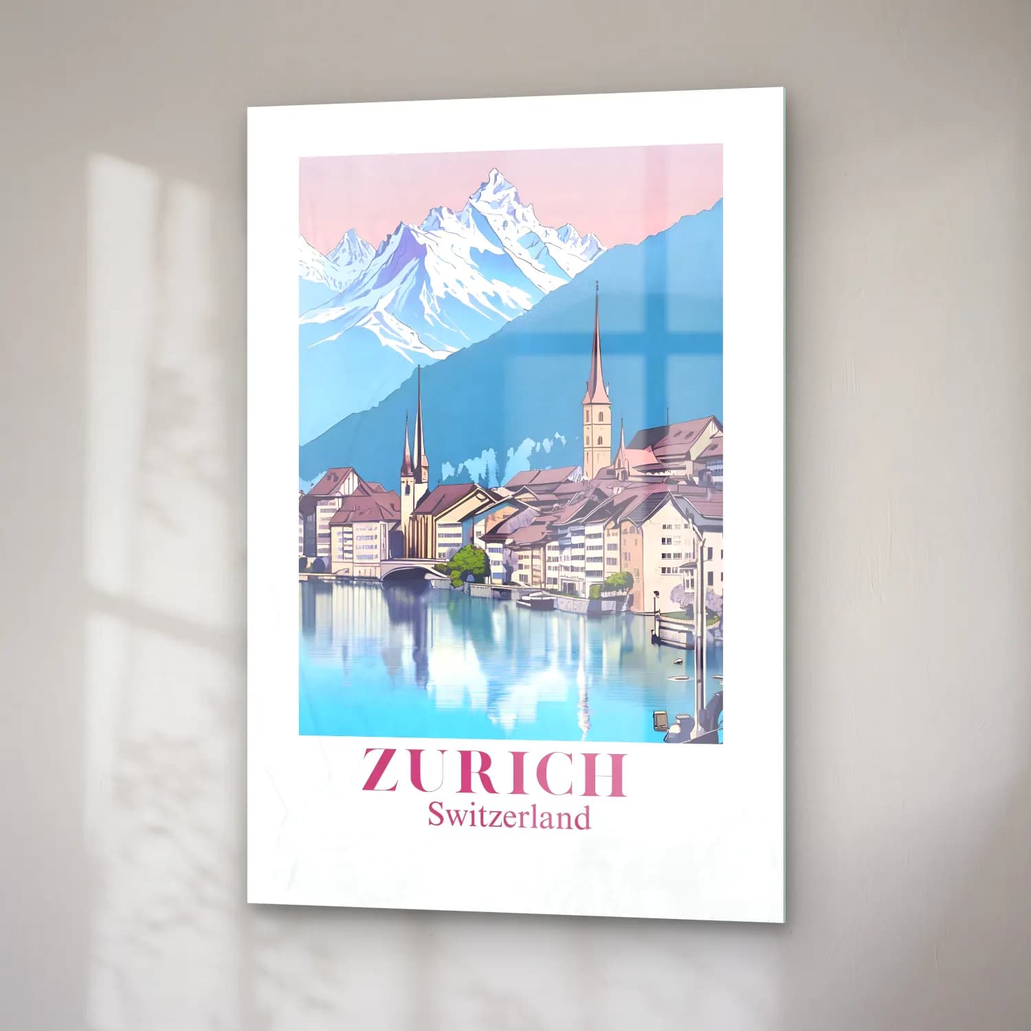 Vintage Poster Göl ve Dağlar – Pembe Tonlar cam tablo — sağ açıdan görünüm