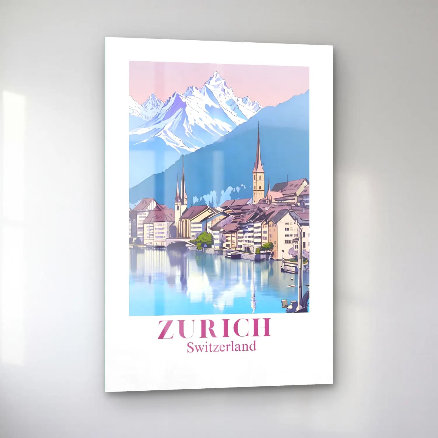 Vintage Poster Göl ve Dağlar – Pembe Tonlar cam tablo — sol açıdan görünüm