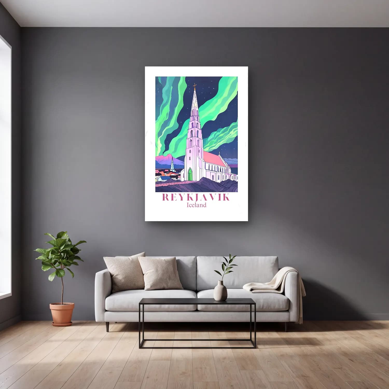 Vintage Poster Katedral – Yeşil Tonlar cam tablo — gri duvarlı salonda