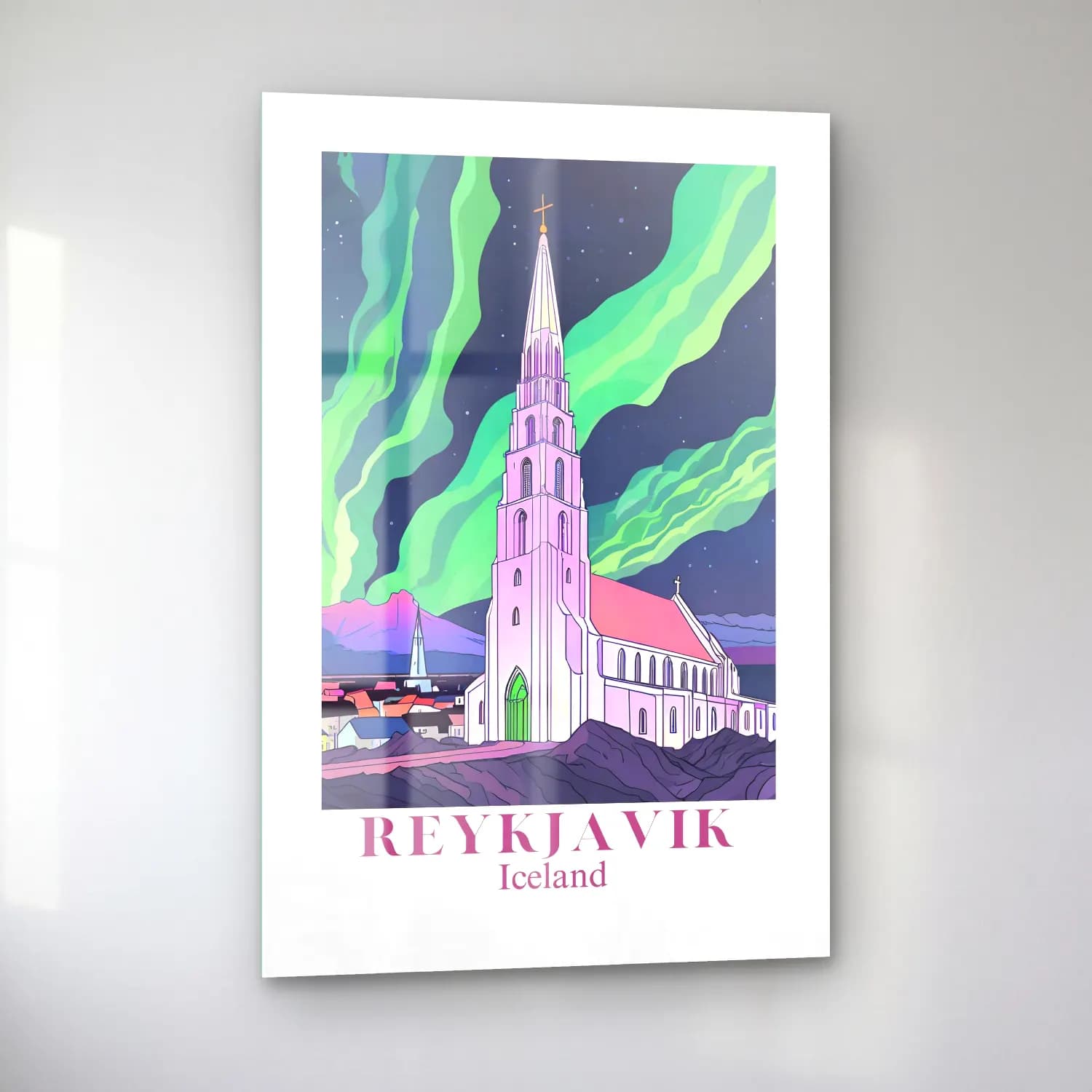 Vintage Poster Katedral – Yeşil Tonlar cam tablo — sol açıdan görünüm