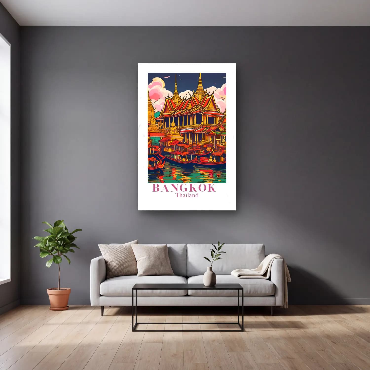 Vintage Poster Liman ve Tekneler No. 5 cam tablo — gri duvarlı salonda