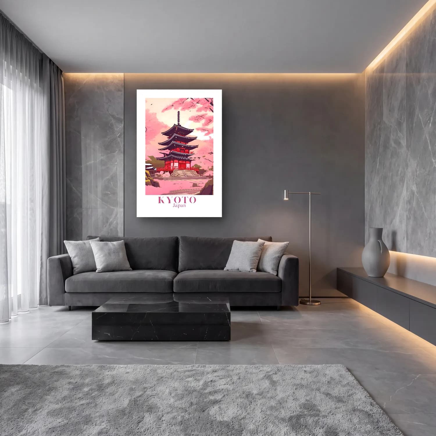 Pastel Japon Şehri No. 7 cam tablo — lüks salon duvarında