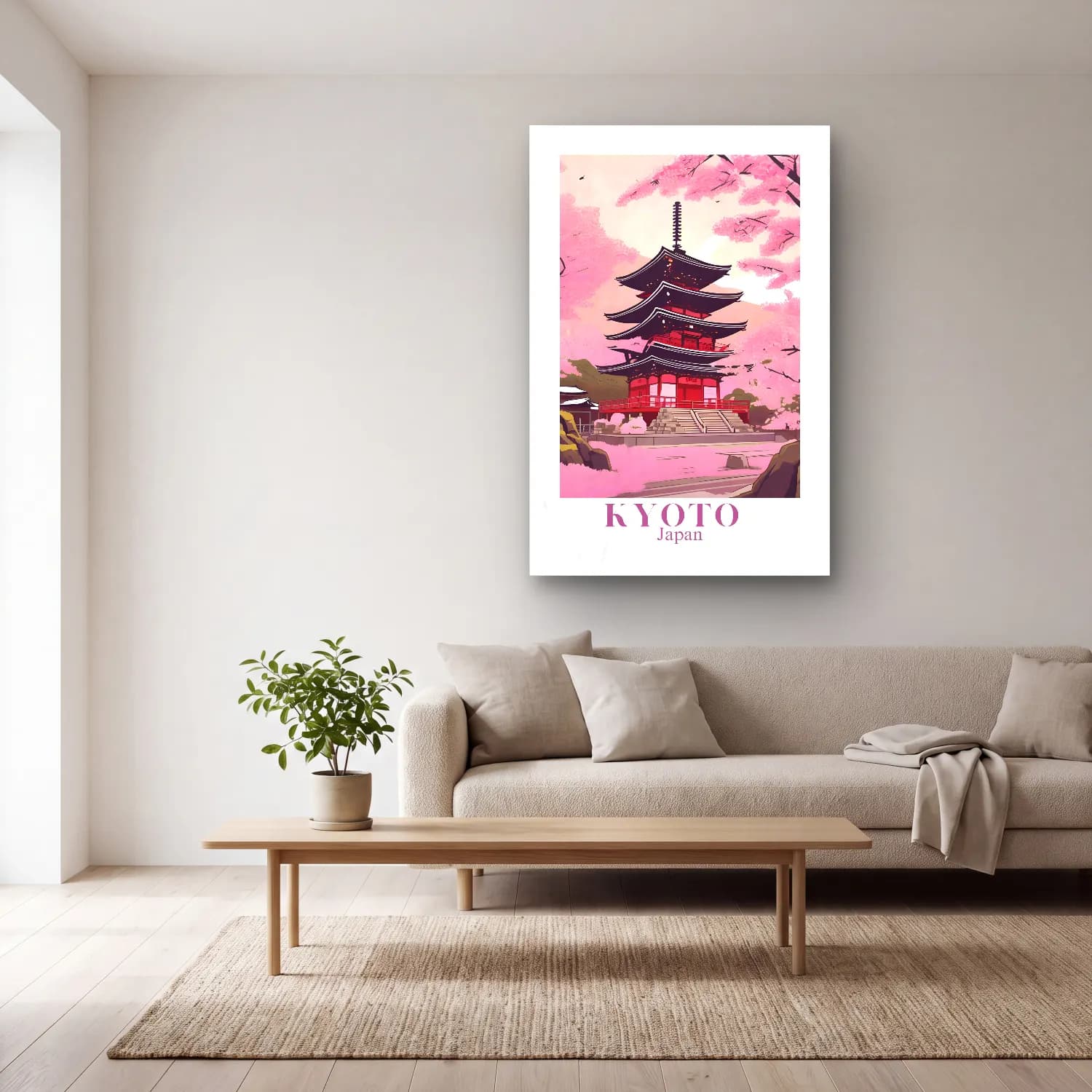 Pastel Japon Şehri No. 7 cam tablo — açık renk salonda