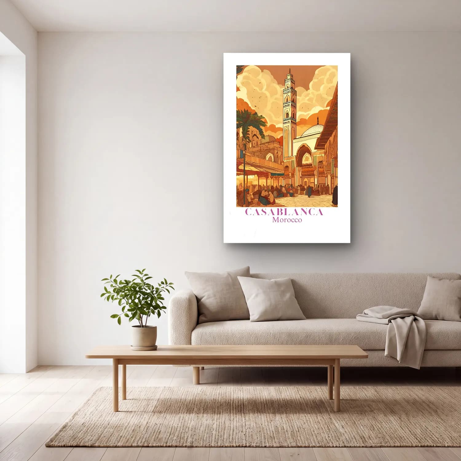 Vintage Poster Akdeniz Sahil Kasabası No. 4 cam tablo — açık renk salonda