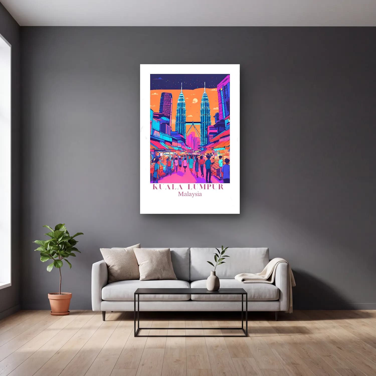 Vintage Poster Gece Şehir No. 9 cam tablo — gri duvarlı salonda