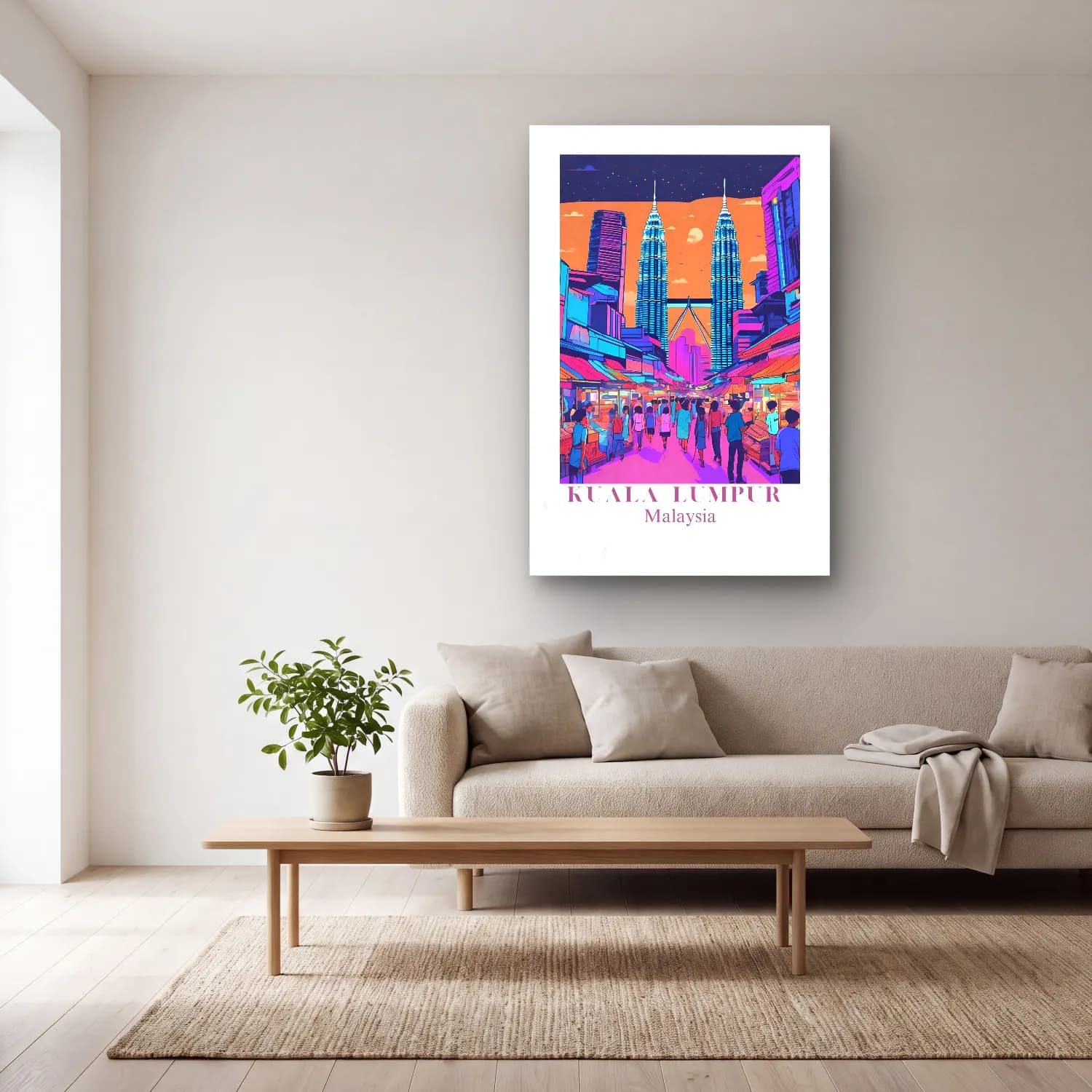 Vintage Poster Gece Şehir No. 9 cam tablo — açık renk salonda
