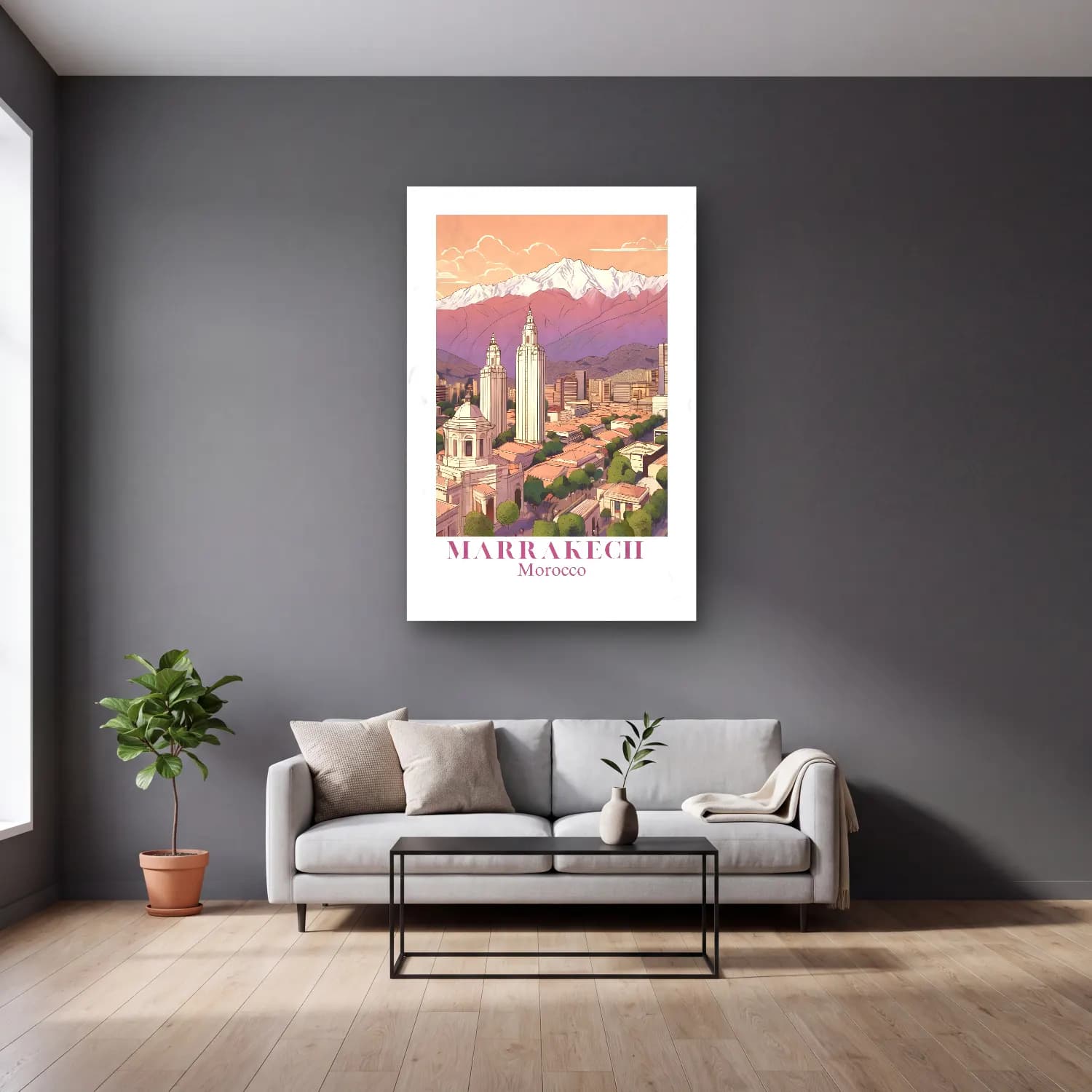 Pastel Katedral No. 5 cam tablo — gri duvarlı salonda
