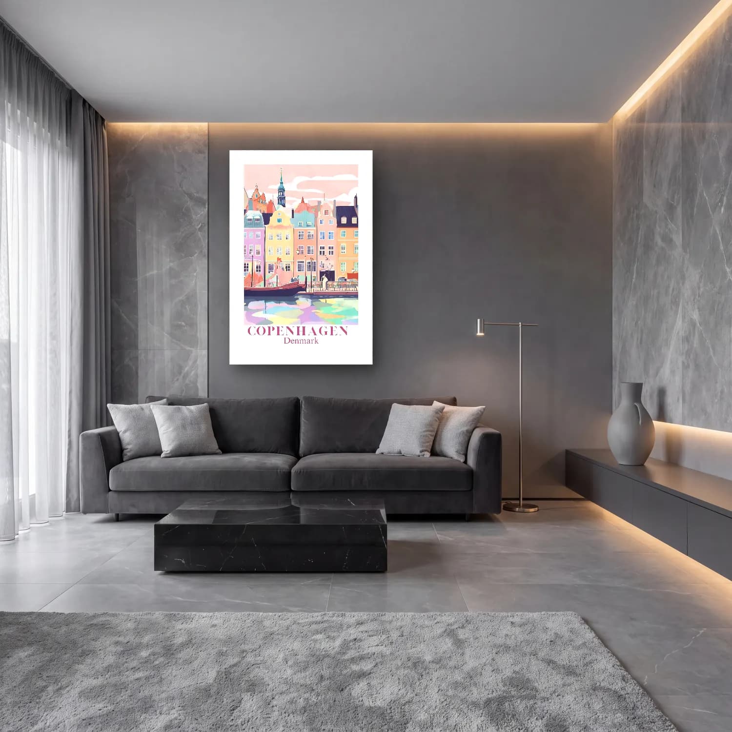 Pastel Liman ve Tekneler No. 5 cam tablo — lüks salon duvarında