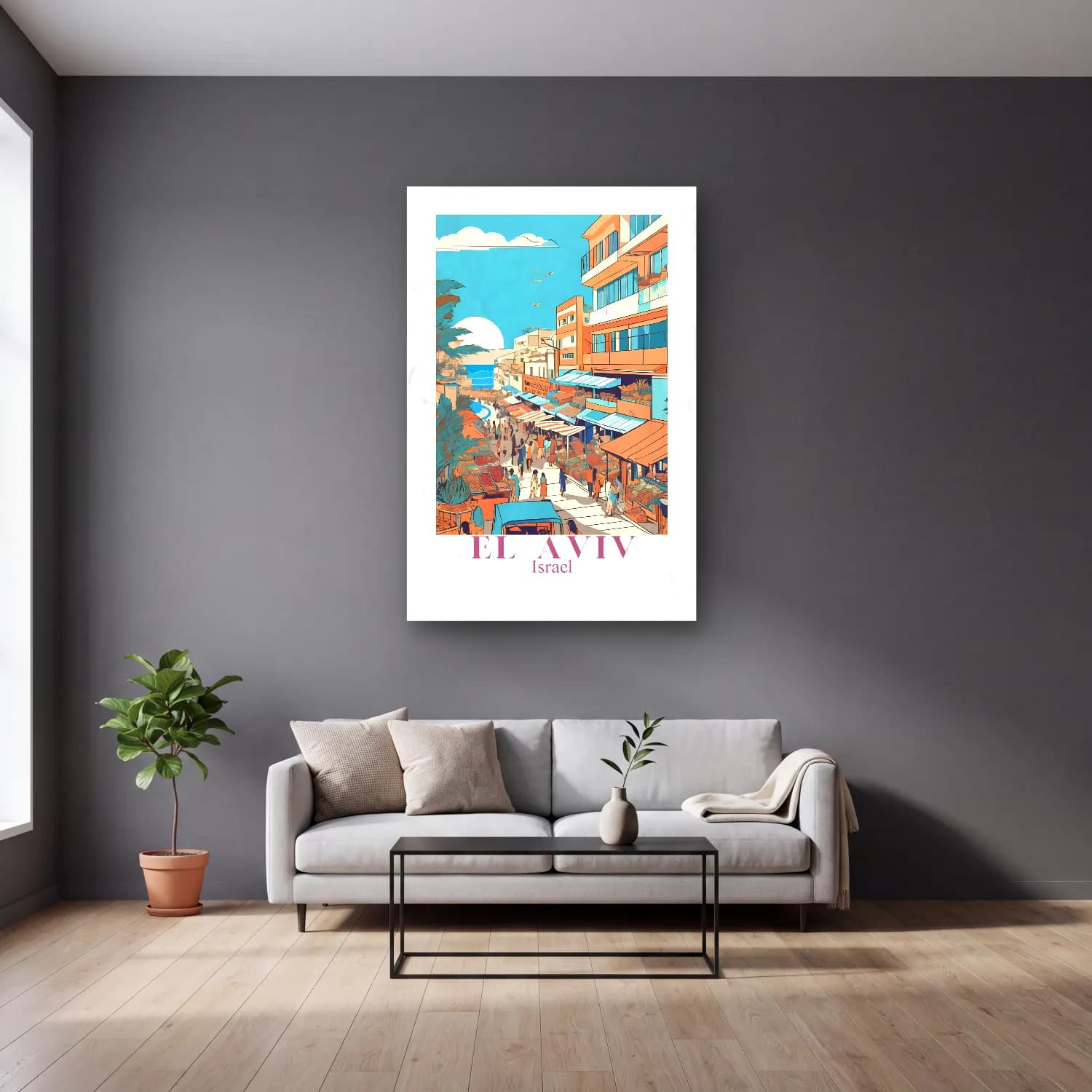 Vintage Poster Akdeniz Sahil Kasabası – Turkuaz Tonlar cam tablo — gri duvarlı salonda