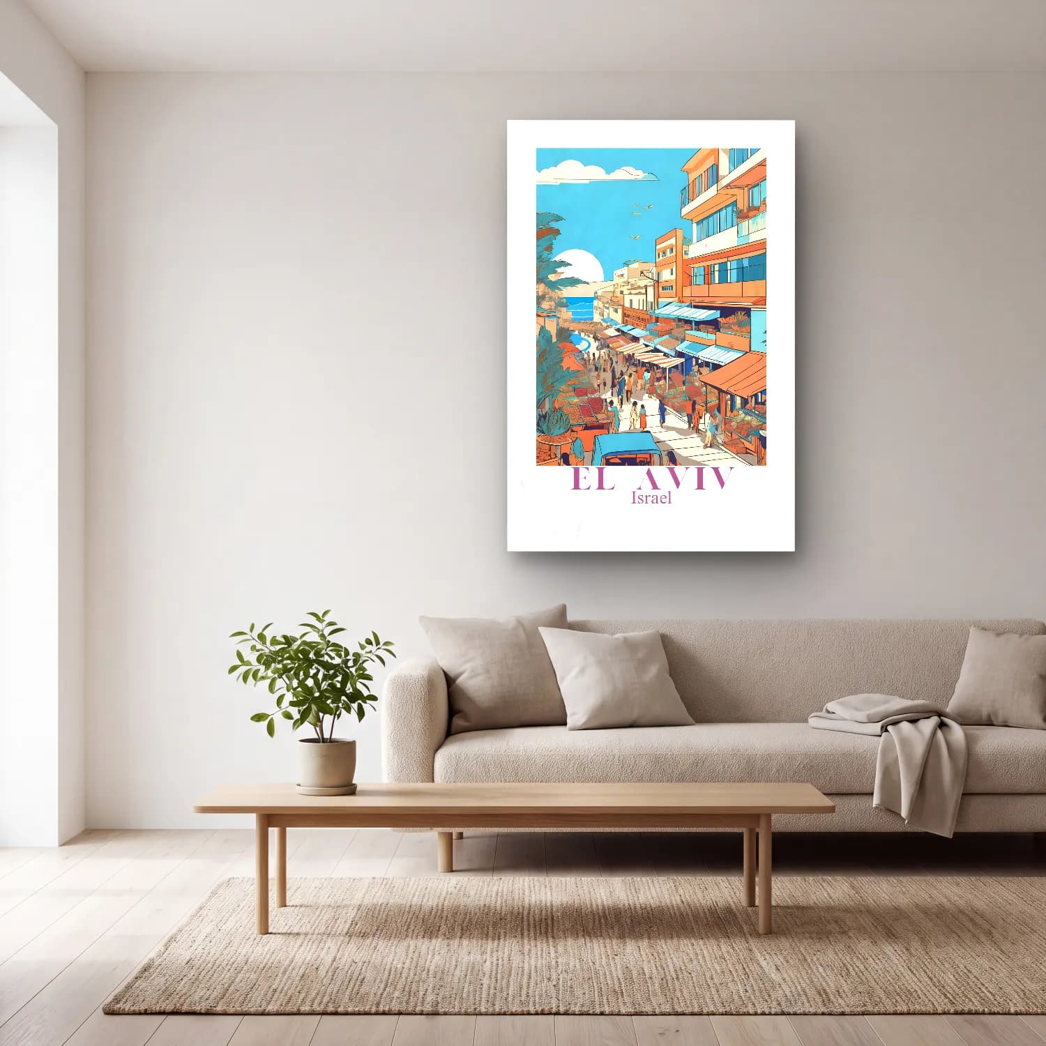 Vintage Poster Akdeniz Sahil Kasabası – Turkuaz Tonlar cam tablo — açık renk salonda