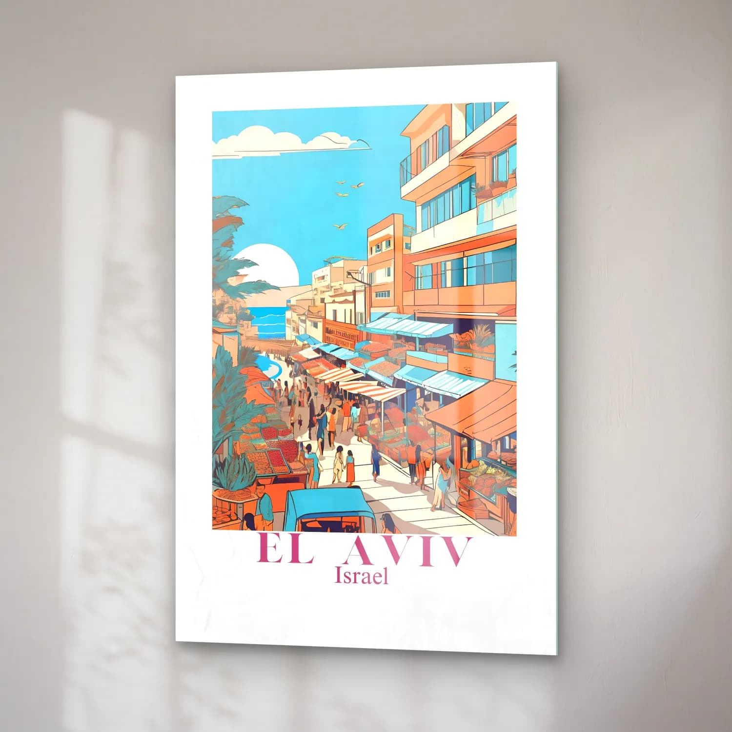 Vintage Poster Akdeniz Sahil Kasabası – Turkuaz Tonlar cam tablo — sağ açıdan görünüm
