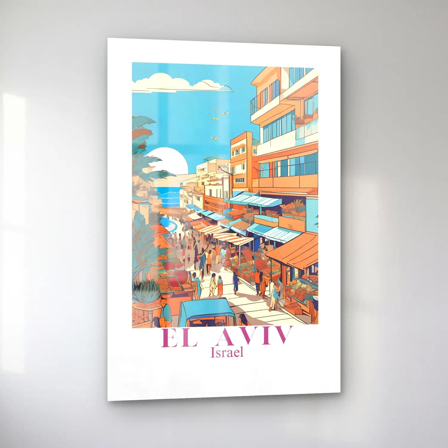 Vintage Poster Akdeniz Sahil Kasabası – Turkuaz Tonlar cam tablo — sol açıdan görünüm